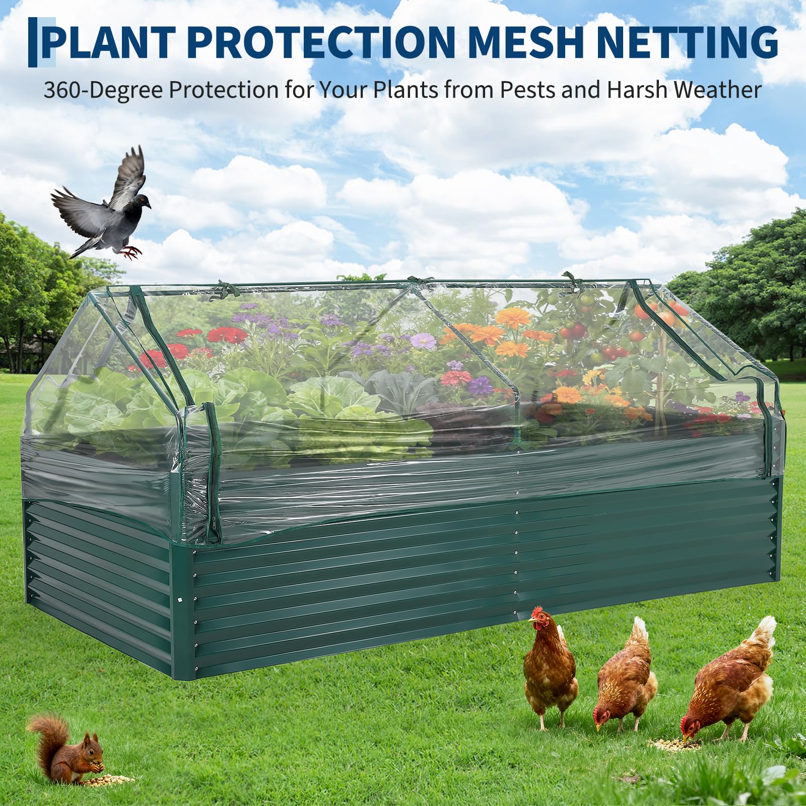GarveeTech Hochbeet Metall mit Vogelschutznetz, Robuster Pflanzkasten Blumenkasten Kit Wetterfester Pflanzkasten aus Verzinktem Stahl, Vielseitig für Gemüse, Blumen & Kräuter, Einfache Montage
