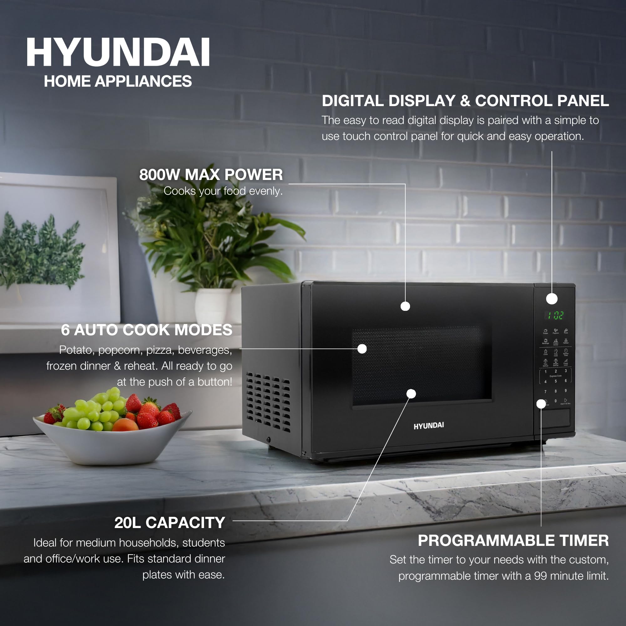 Hyundai 800W 20L Black Digital Microwave, Stainless Steel Interior, 11 Power Levels, Automatic Defrost, 6 Auto Cook Modes, Clock and Timer, Digital Controls, Easy Clean & Child Lock — view 2