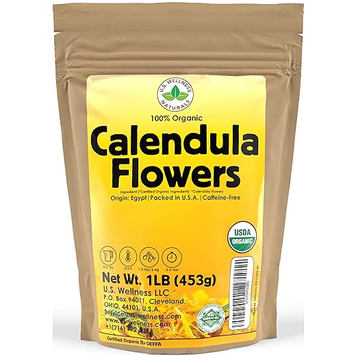 Calendula Tea 1LB (16Oz) 100% CERTIFIED Organic Whole Flower Calendula Herbal Tea (Calendula Officinalis), Caffeine Free in 1 lbs. Bulk Resealable Kraft BPA free Bags from U.S. Wellness 2 Calendula Tea 1LB (16Oz) 100% CERTIFIED Organic Whole Flower Calendula Herbal Tea (Calendula Officinalis), Caffeine Free in 1 lbs. Bulk Resealable Kraft BPA free Bags from U.S. Wellness