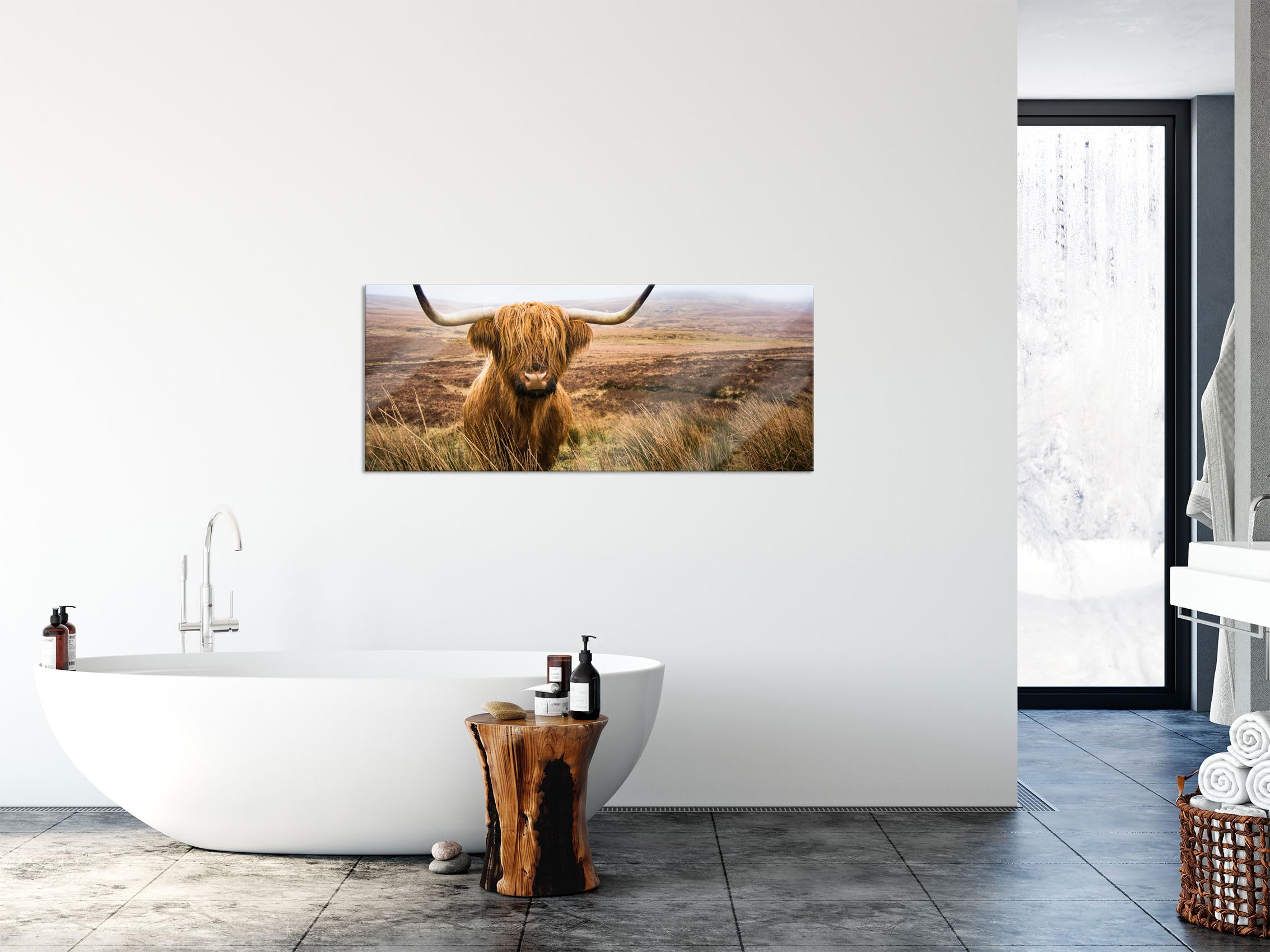 Tableau panoramique sur verre - Décoration murale en verre véritable - Bœuf des Highland avec de grandes cornes - Steppe - 120 x 50 cm - Avec suspension et entretoises