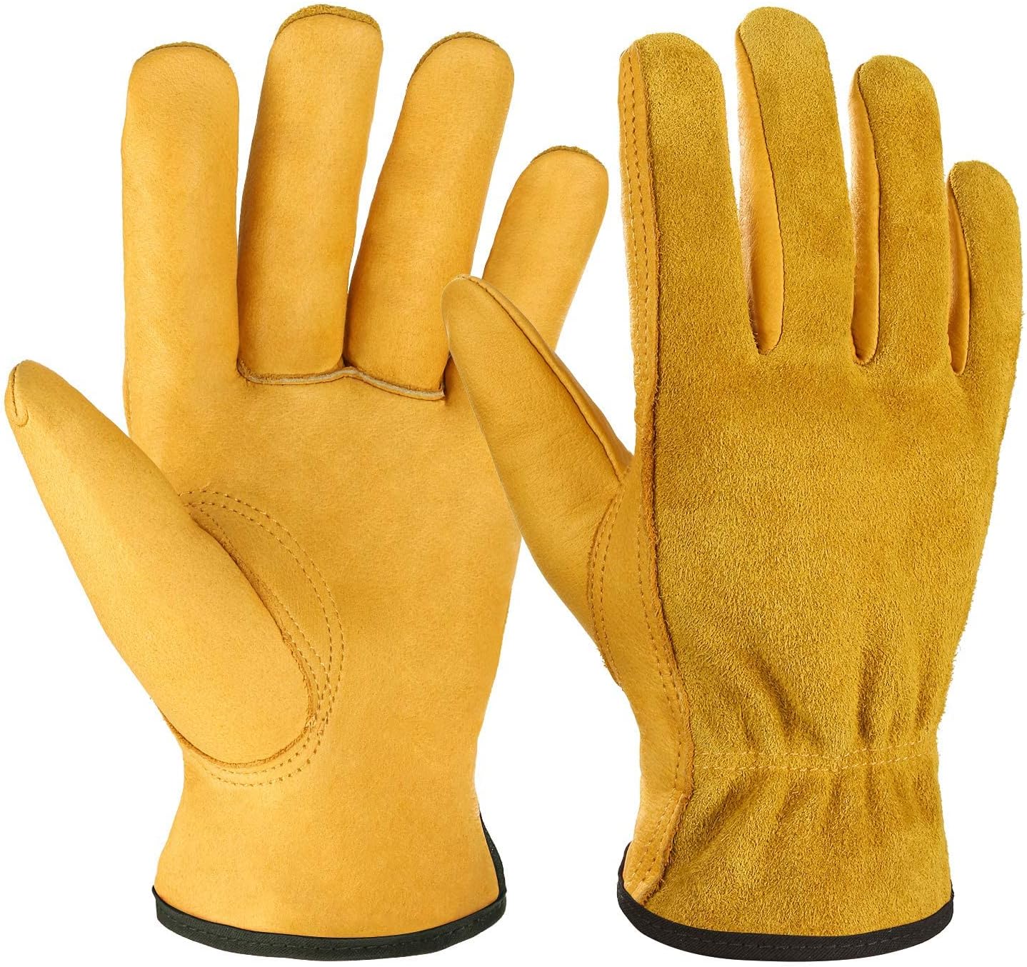 KASTWAVE Leather Work Gloves, Heavy Duty Gardening Gloves, Tough Cowhide Garden Gloves Thorn Proof Work Gloves for Garden Tools Pruning Shears Bricklaying, Ladies and Men (Large, Gold, 1 Pairs)