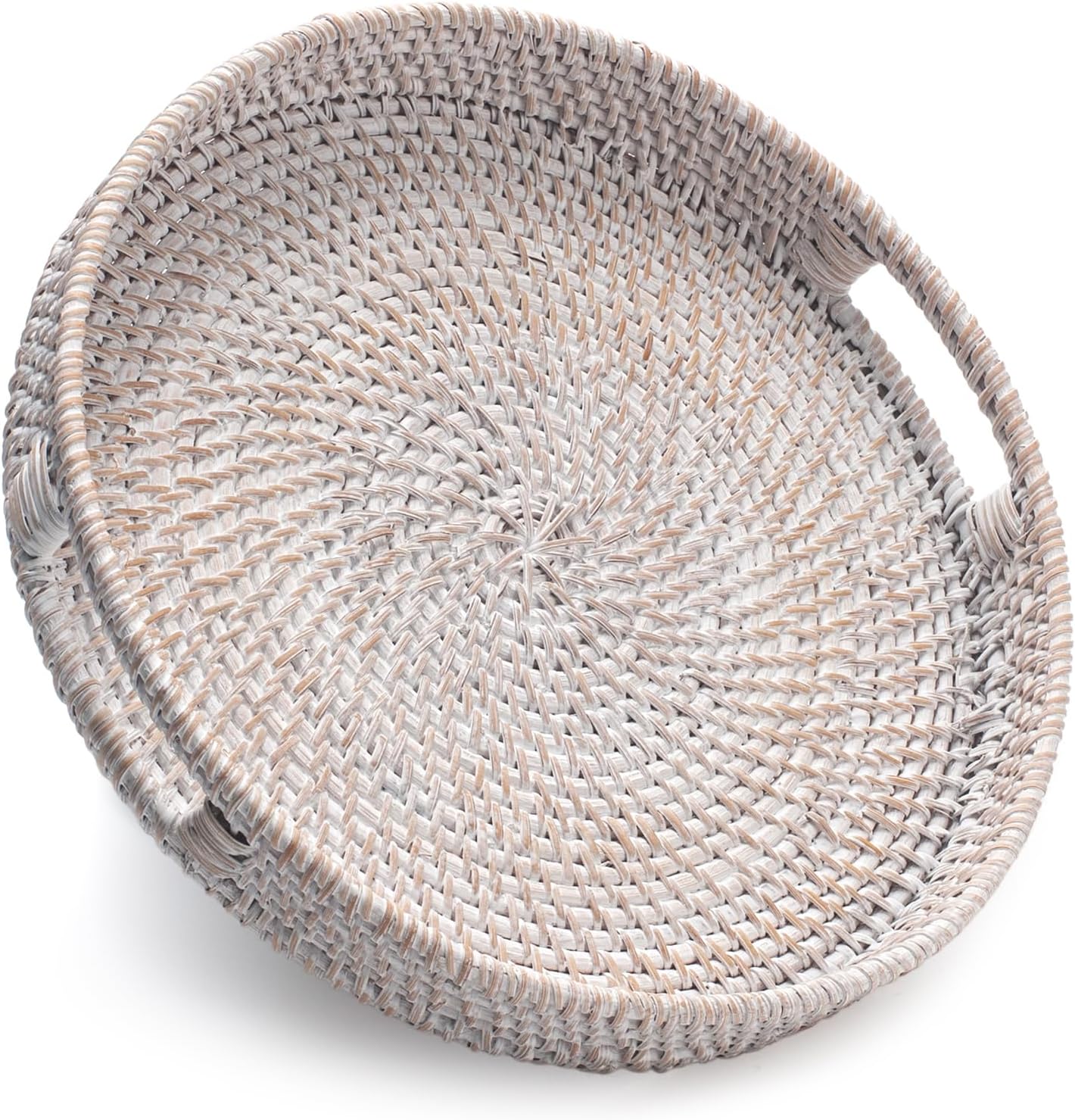 11.8 inch Round Rattan Tray, Decorative Coffee Table Trays, Ottoman Tray, Woven Serving Tray with Handles, Wicker Serving Basket, Whitewash