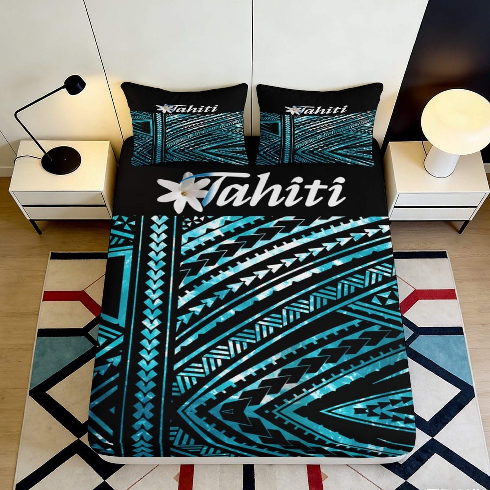 Decorative Tahiti Tribal Fitted Sheet 3D Printed Microfiber, Soft Touch, Bed Cover for Bedroom or Guest Room, Wrinkle Resistant, Apartment Bedding, Easy Care, 120x200cm 90x200x25cm