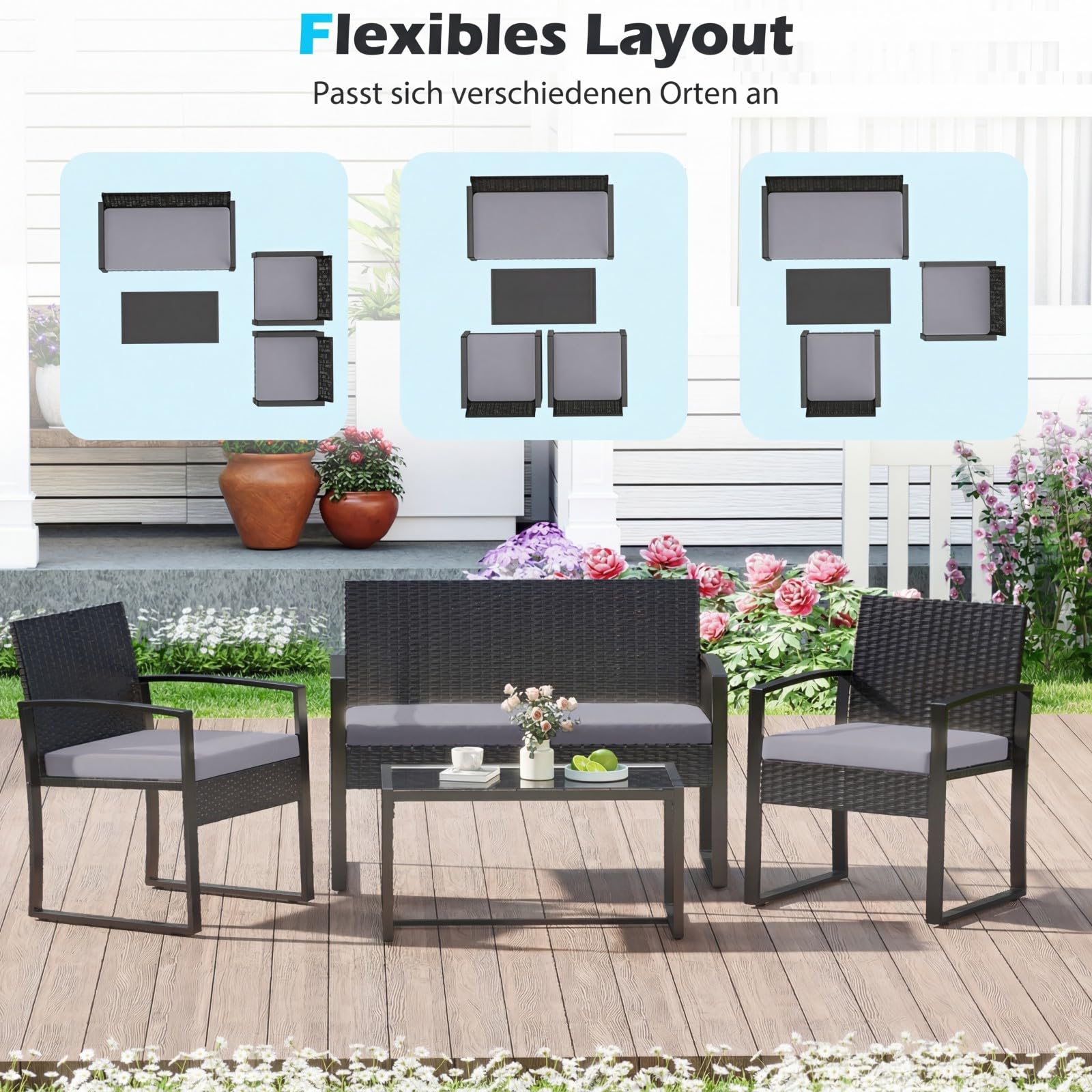 COSTWAY Rattan Gartenmöbel Set, Outdoor Lounge Möbel, Balkonmöbel Kleiner Balkon, Sitzgruppe mit 2 Sessel, Bank, Tisch & Sitzkissen, Terrassenmöbel, Sitzgarnitur, Gartengarnitur (Grau)