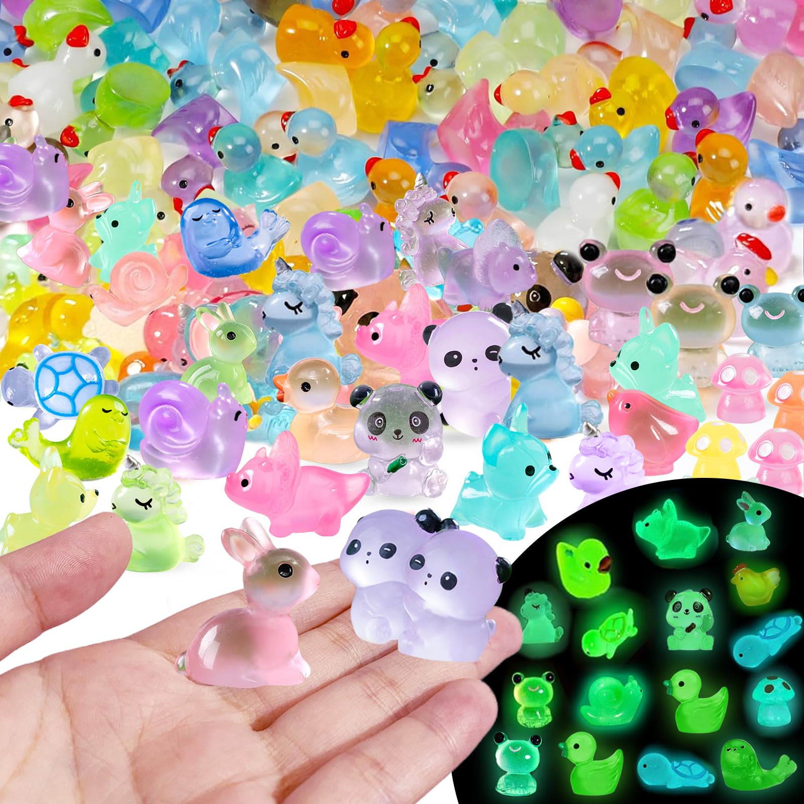 Maridergo 136PCS Mini Luminous Resin Animals, Cute Tiny Small Resin Animals Little Plastic Animal Figurines Small Ducks Bulk Glow in the Dark for Fairy Garden Dollhouse Plant Decorations