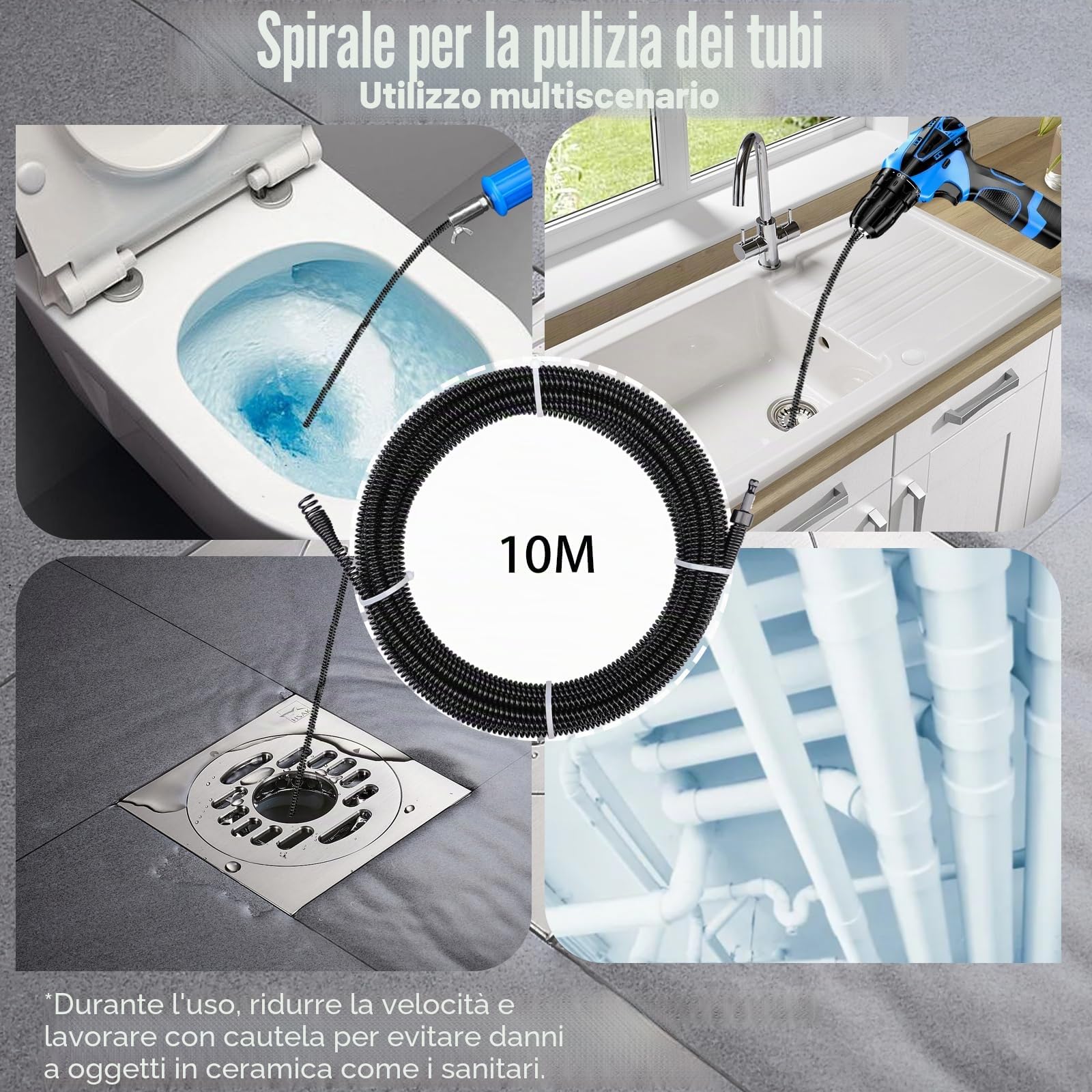 Spirale per la pulizia dei tubi Ø 8 mm x 10 m, con manovella, in acciaio a molla, spirale di scarico per la pulizia dei tubi, spazzola di scarico per ostruzioni difficili da rimuovere - Procedura di