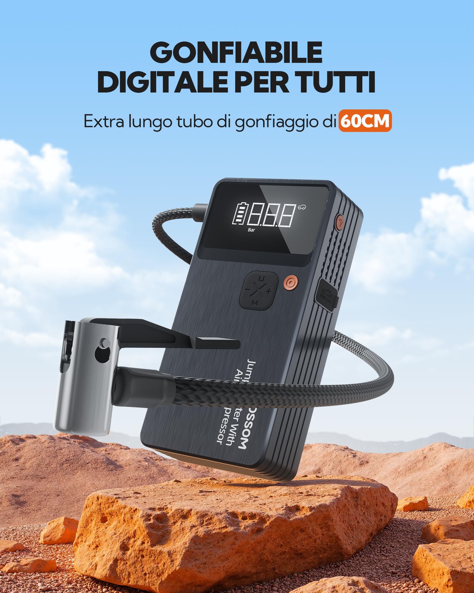 Booster Avviamento Auto,Avviatore per veicolo con Compressore Aria Portatile,44.4Wh Avviatore Batteria Macchina,Jump Starter con LED Torcia,Ricarica USB-C,7in1 Kit di Viaggio e Attrezzi di Emergenza