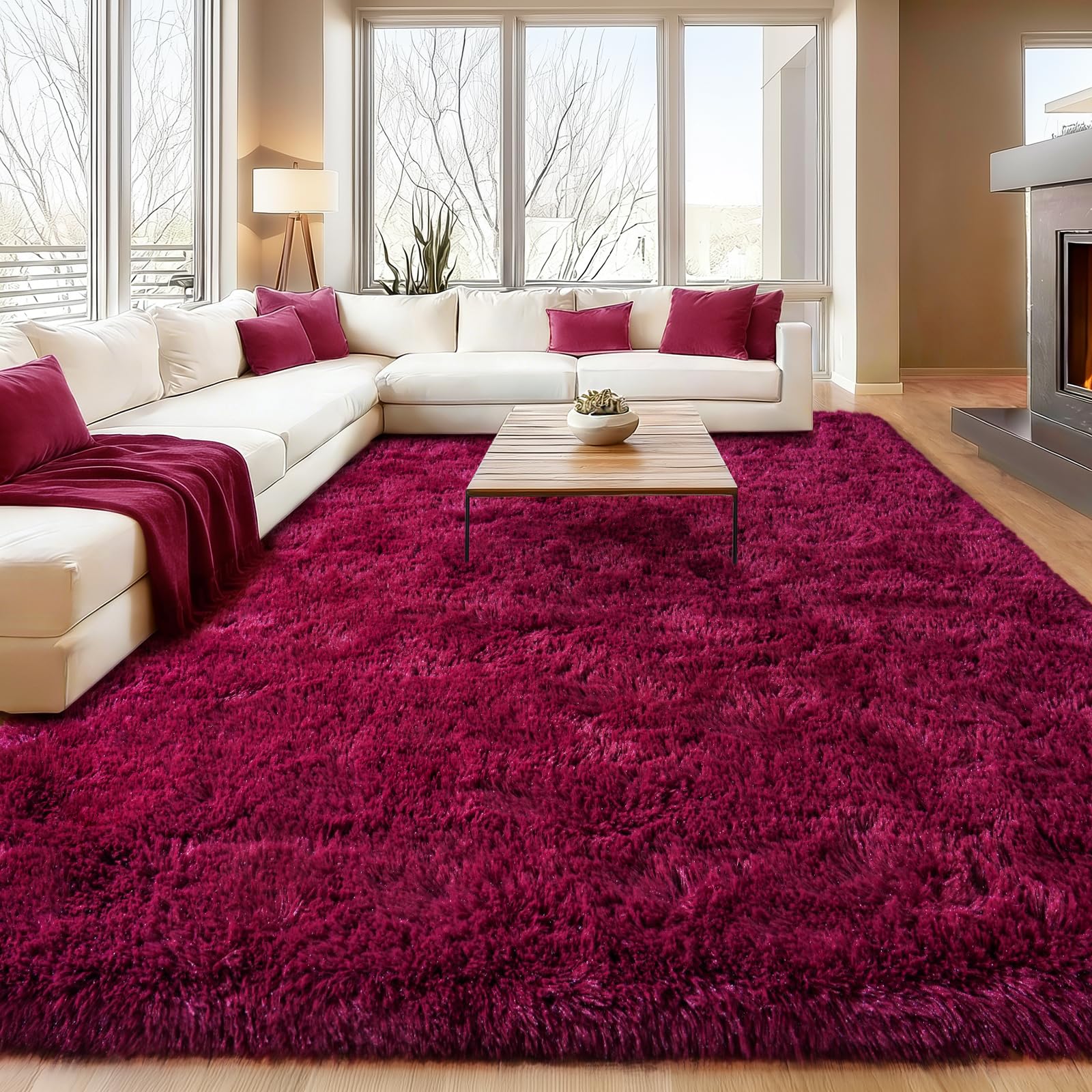 Burgundy Plush Rug for Living Room Fuzzy Carpet for Bedroom Dorm, Non-Slip High Pile Rug, Shag Rug for Playroom Nursery Home Office Decor 9X12 Ft