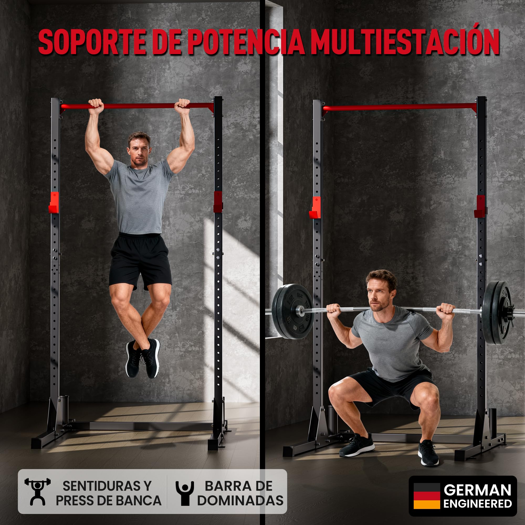 Ultrasport Power Rack, Rejilla multifuncional para entrenamiento efectivo todo cuerpo, construcción acero, perfecto principiantes y pros, multigimnasio con barra, torre Aptitud, Negro/Rojo
