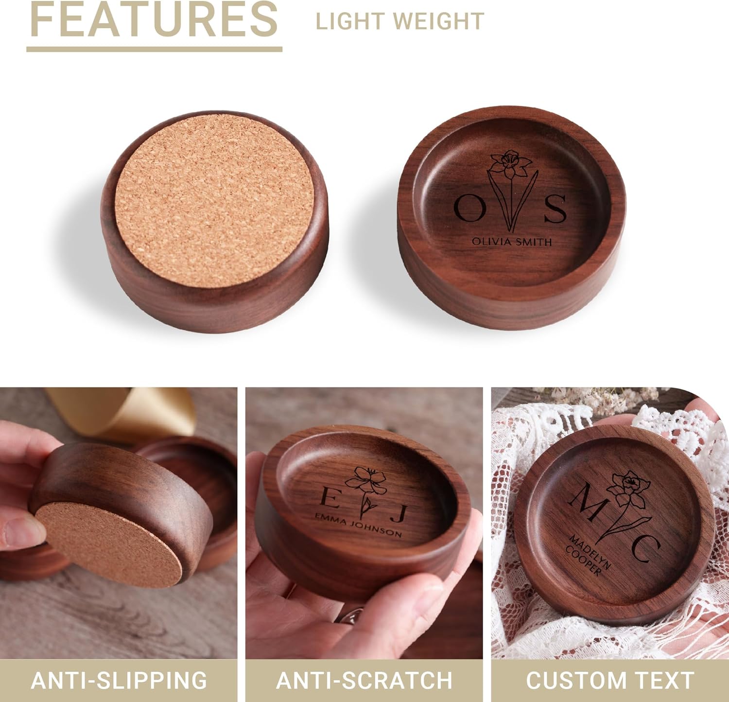Walnut Wood Ring Holder, Engraved Jewelry Dish and Storage Tray, Unique Gift for Her, Valentine’s Day Gift (Customize, round) - Image 2