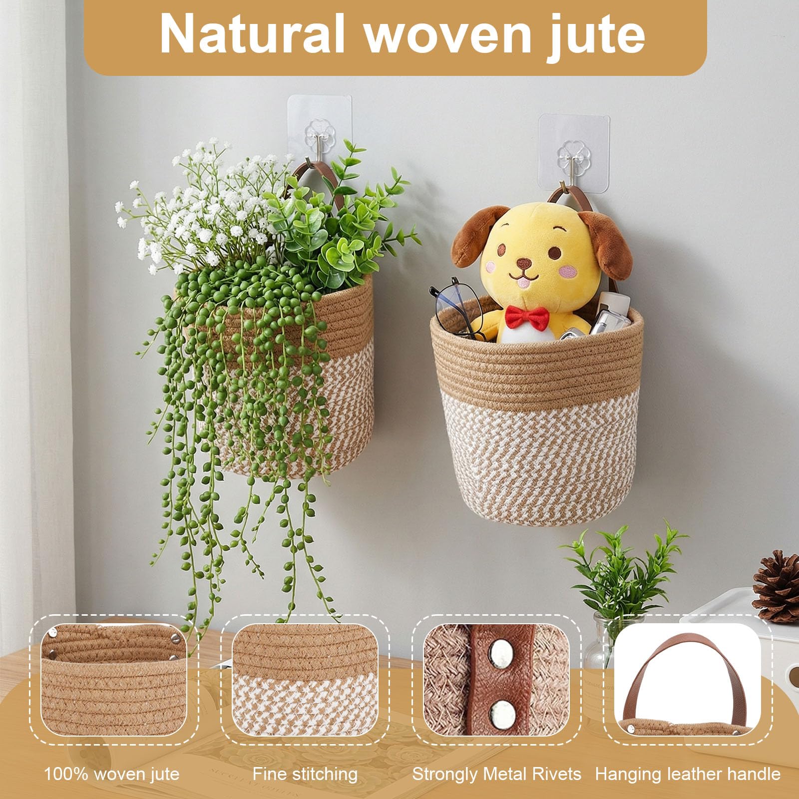 2 Piezas Cesta Colgante, Cestas Colgantes de Cuerda de Algodón 16 x 18 cm, Cestas de Pared con Asa para Baño, Almacenamiento Colgante, Organizador del Hogar, Organizador de Ahorro de Espacio