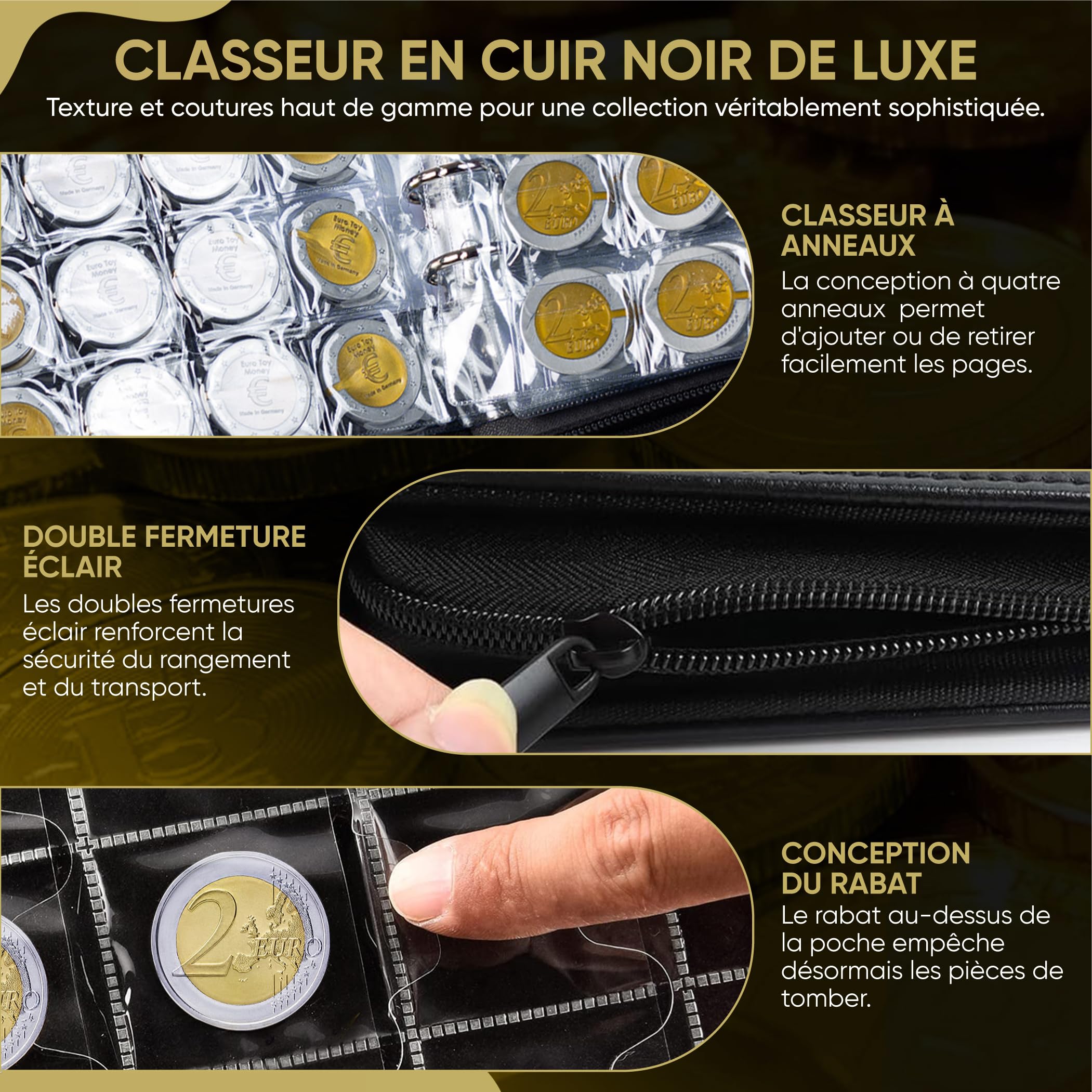 Classeur pièce 2 euros – classeur numismatique 480 pochettes en cuir résistant – album collection pièces de monnaie, rangement et protection pour collectionneurs