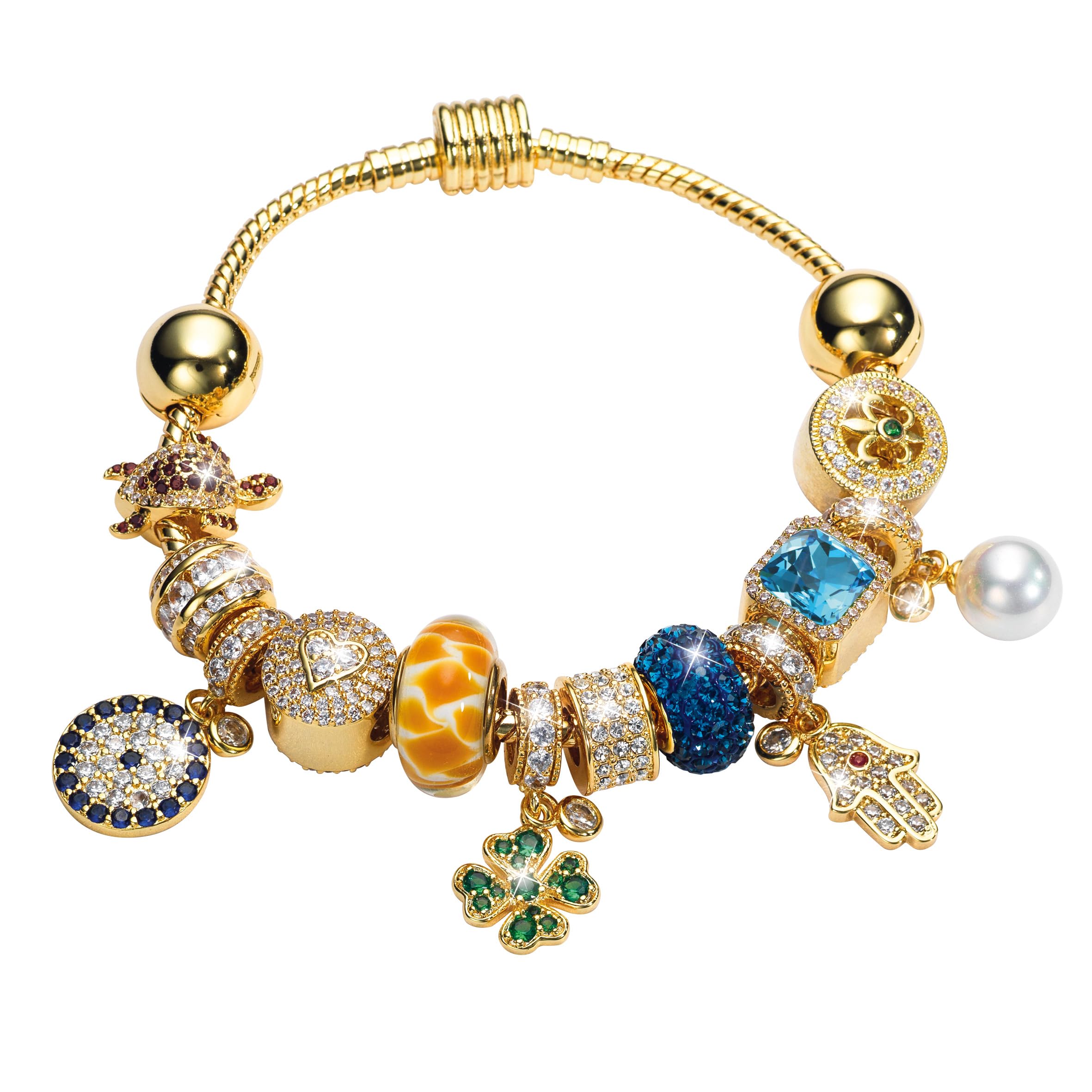 GALERIA DEL COLECCIONISTA Pulsera ARMONÍA para Mujer. Pulsera Personalizable con 12 Charms Intercambiables. Baño en Oro de 1ª Ley con Cristales, Rubí, Esmeraldas y Zafiro. Regalo Elegante