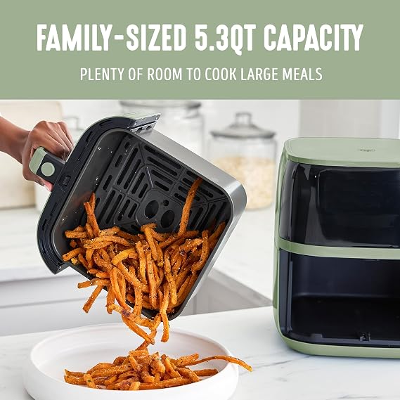GreenLife Compact Electric Air Fryer Oven, 5.3 QT, PFAS-Free Ceramic Nonstick Drawer, 8 One Touch Digital Display, Easy View Window, Auto Shut-Off Timer, Dishwasher Safe Parts, 1500 Watts, Sage