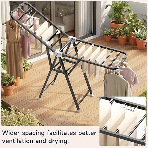 Miniatura 7 de MIKEE Estante de secado de ropa, de acero inoxidable, plegable, para uso en interiores y exteriores, con alas de altura ajustable, 2 niveles con