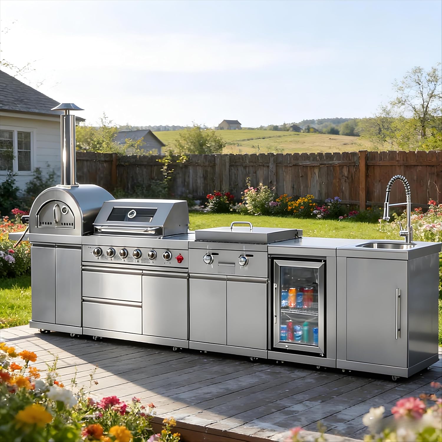 Outdoor Cooking Island with Grill Modular Stainless Steel BBQ Station for Backyard Patio Deck, Weatherproof Rust Resistant Outdoor Kitchen with Sink Storage Drawers for Family Entertaining