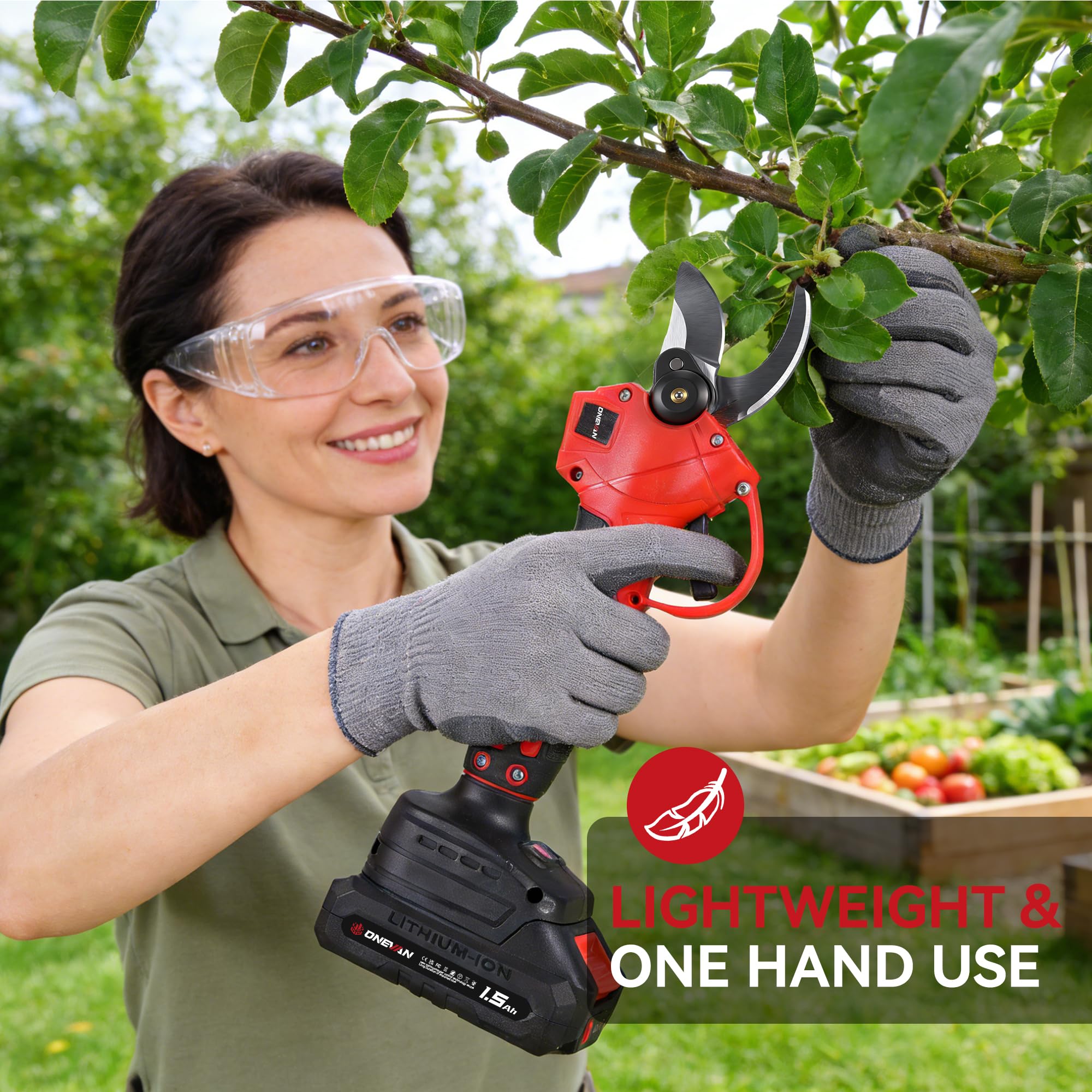 ONEVAN Sécateur électrique sans fil - Diamètre de coupe : 25 mm - Sans balais - Sans fil et léger - Avec 2 batteries de 1,5 Ah - Lames SK5 - Sécateur sans fil pour jardin, arbre, haie