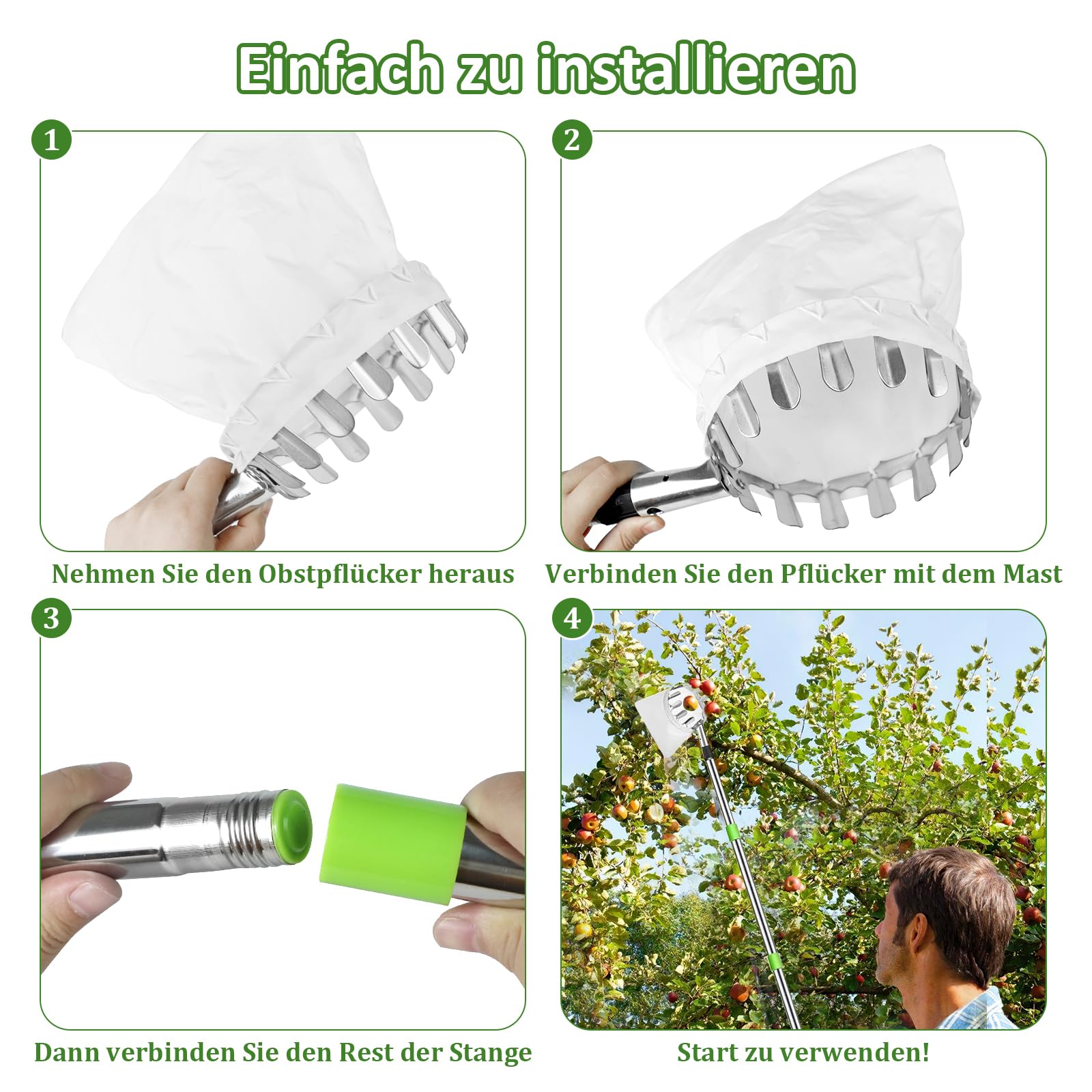 PRZRAO 4m Recogedor de Frutas con Telescópico, Recogedor de Frutas Diámetro 16 cm Recogedor de Manzanas con Pértiga Telescópica Ligera de Acero Inoxidable y Bolsa de Algodón para Manzanas Cítricos