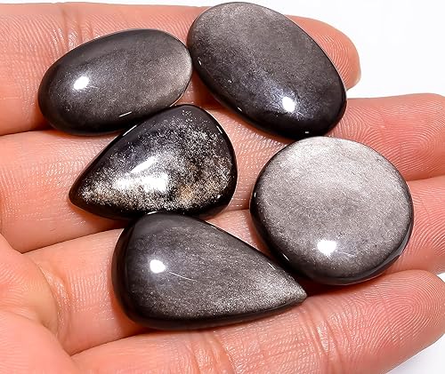 Natural Loose Gemstone 5 Piece Cabochons Lot Jewelry Making Loose Gemstone, Stone Shape Oval & Pear, Stone Size 15-35 mm (Silver Obsidian)