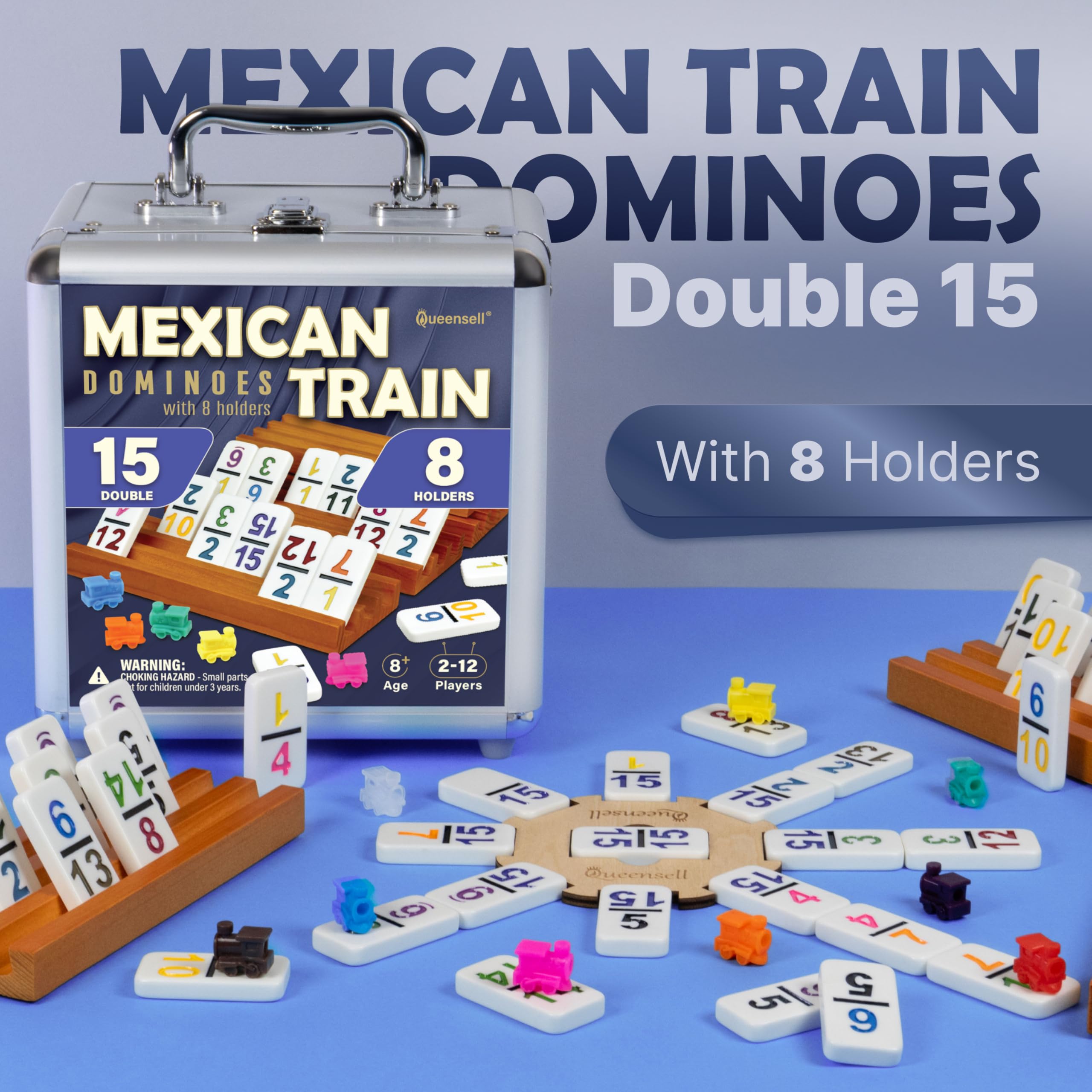 Queensell Set domino a forma di treno messicano, doppio 15 numerato, con 8 supporti