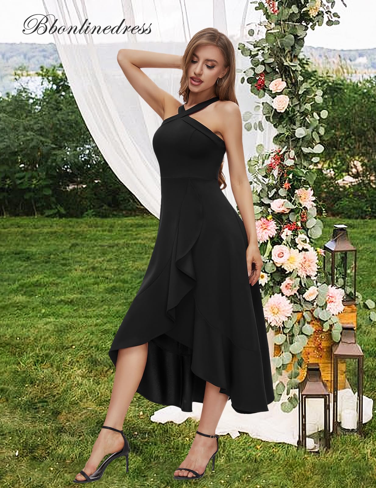 Bbonlinedress Robe Femme Chic et Elégant Mi Longue Fluide de Soirée Cocktail Mariage Bal Promo avec Bretelles sans Manches