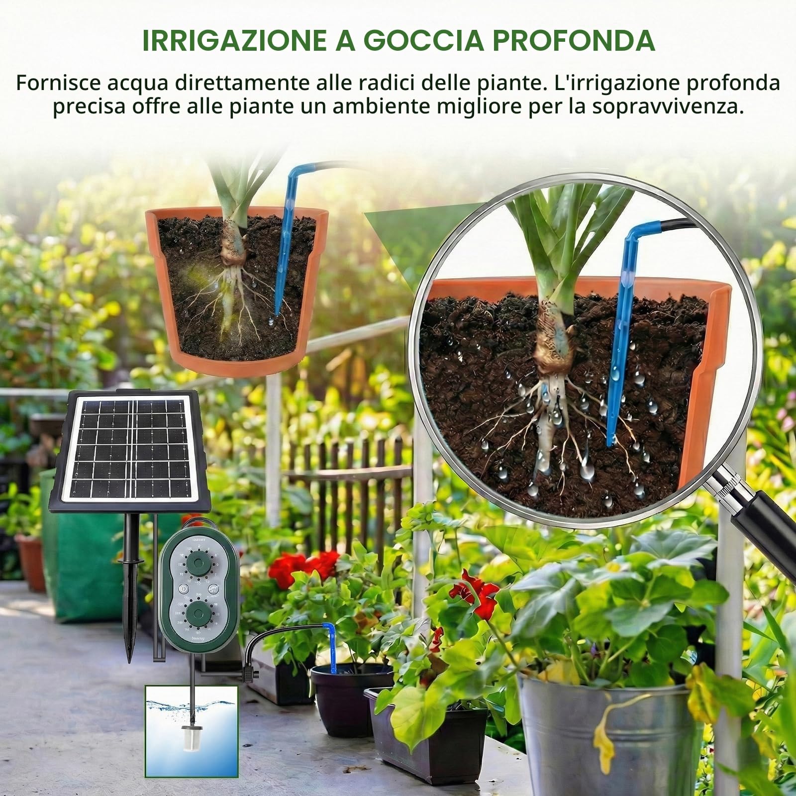 Sistema di irrigazione solare per vasi da fiori, sistema di irrigazione automatico con ricarica USB, dotato di tubo flessibile da 15 m e modalità di irrigazione personalizzate, adatto per giardini