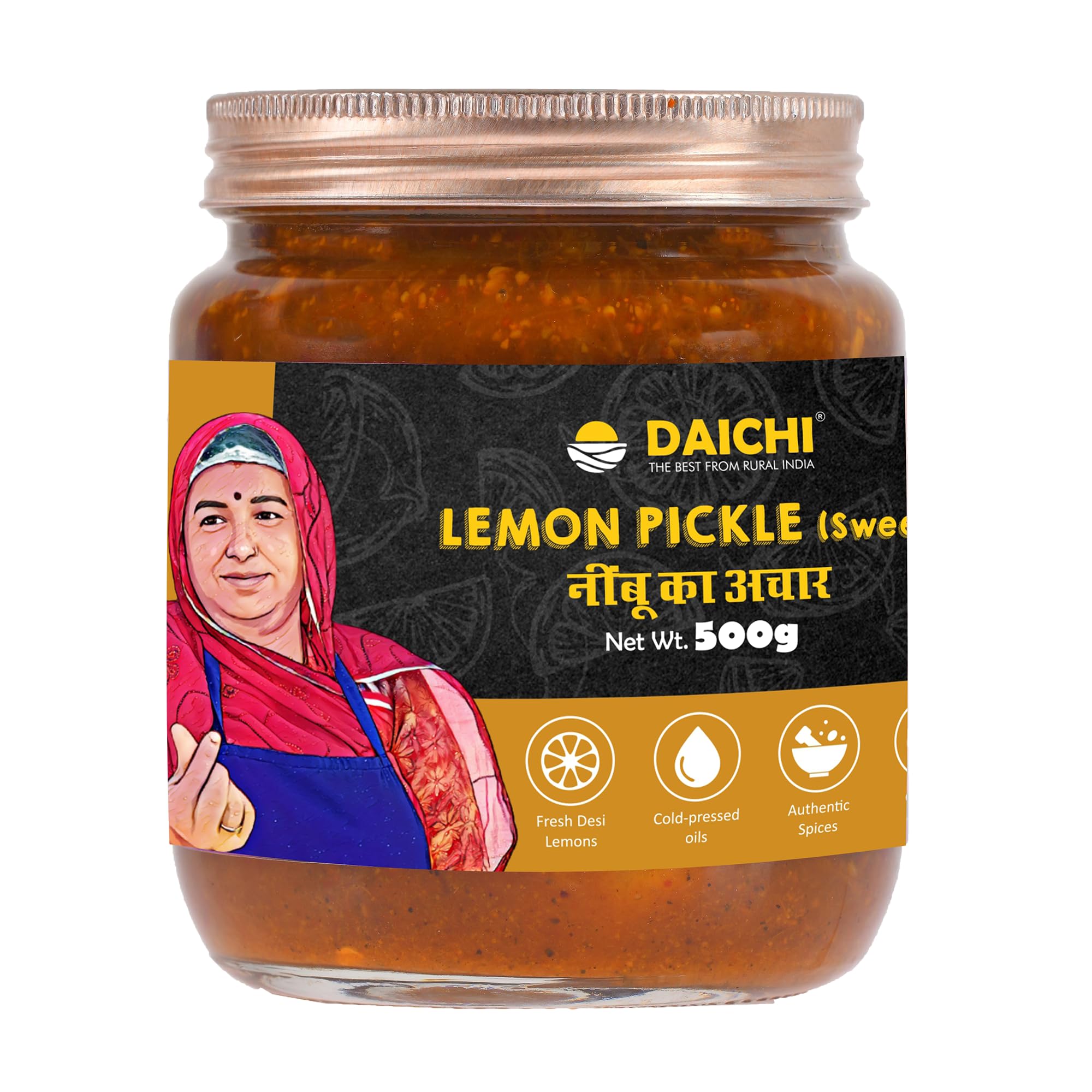 Daichi - Sweet Lemon Pickle | Lovingly Crafted by Women Artisans | Sun-Cured with Cold-Pressed Mustard Oil & In-House Spices | No Preservatives | 500gm (Pack of 1)