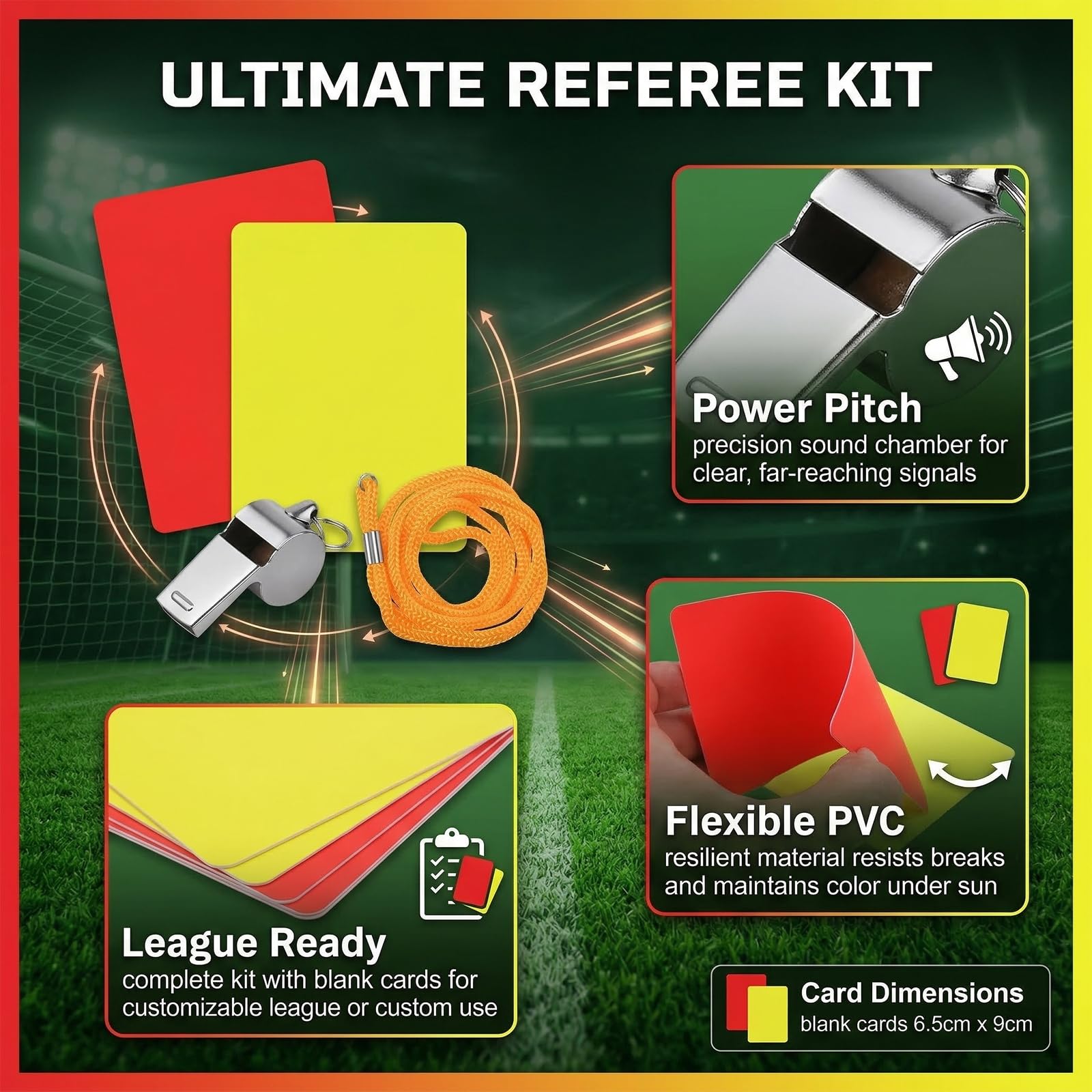 Kit de Árbitro de Fútbol con Tarjetas Roja/Amarilla y Silbato de Metal, Accesorios Árbitro para Deportes Escolares y Competiciones, Tarjetas con Cordón de Cuello