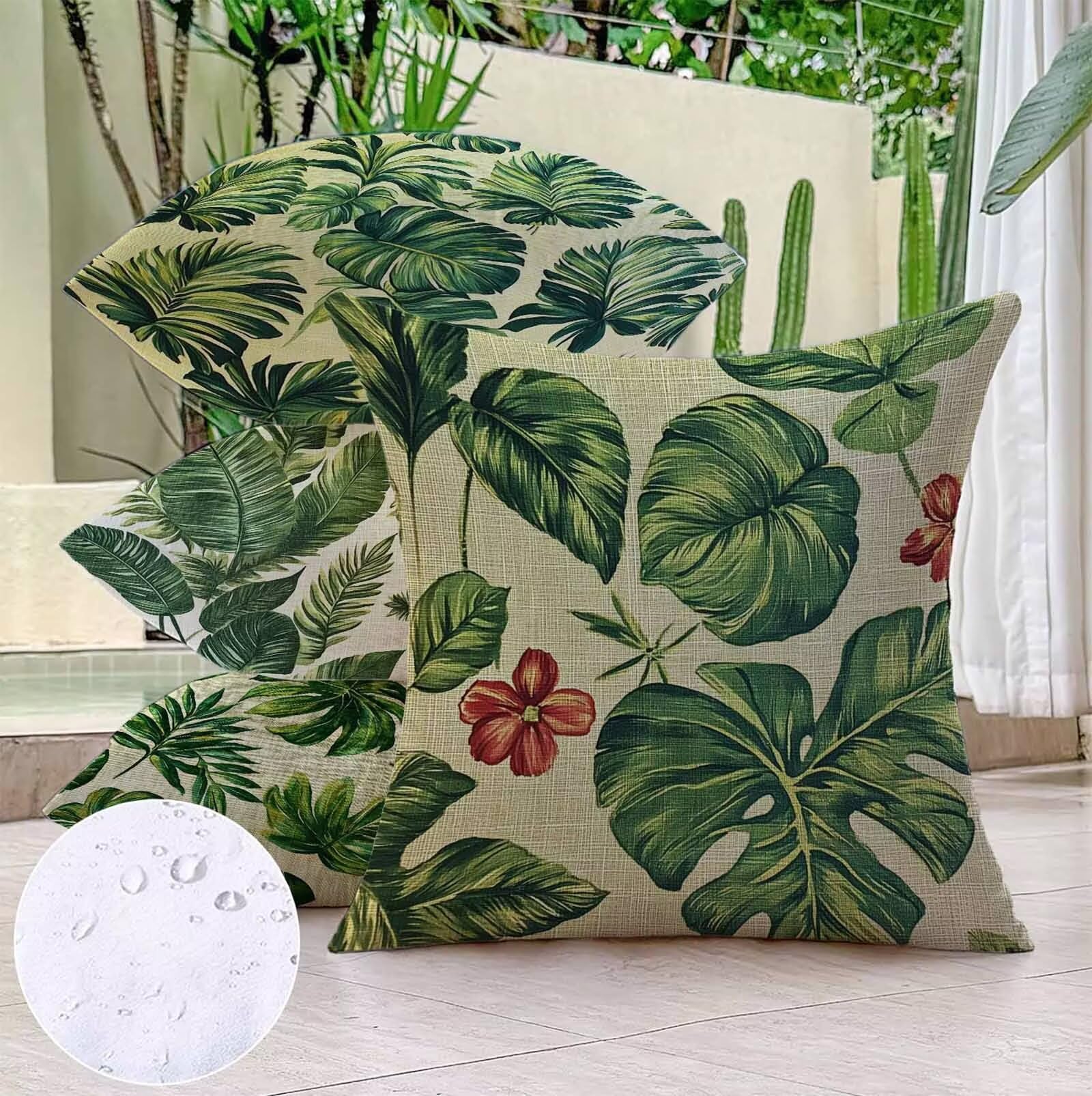 Vert Housse Coussin 65X65cm Feuilles Conception de Motifs Lin Matériel Coussin Canape Lot de 4, avec Fermeture Eclair Caché Exterieur Impermeable pour Lit Chambre Canapé Decoration Maison PjY8474 4-1