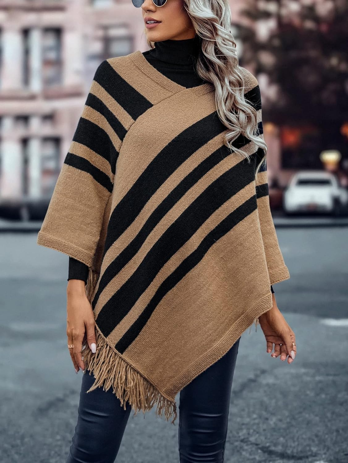 ESENTL Women's Sweater Striped Pattern Fringe Trim Knit Poncho Sweater Sweater for Women (Color : Multicolor, Size : Medium)