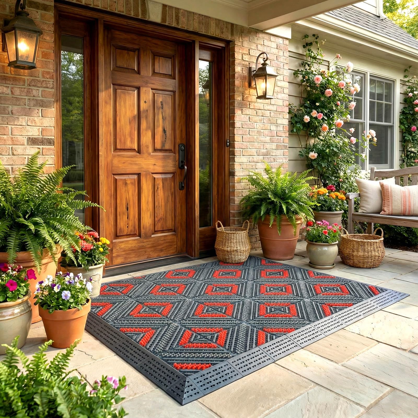 Felpudo de goma EVA resistente para todo tipo de clima con cepillo raspador, impermeable, entrelazado, para garaje, patio y jardín, gris y rojo (75 x 120 cm, 3 cepillos)