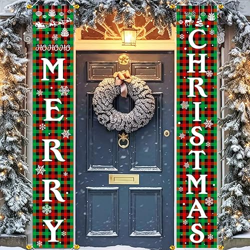 Cartel decorativo de Navidad con texto en inglés Merry Christmas Letrero colgante para porche delantero para puerta del hogar, patio, pancartas de