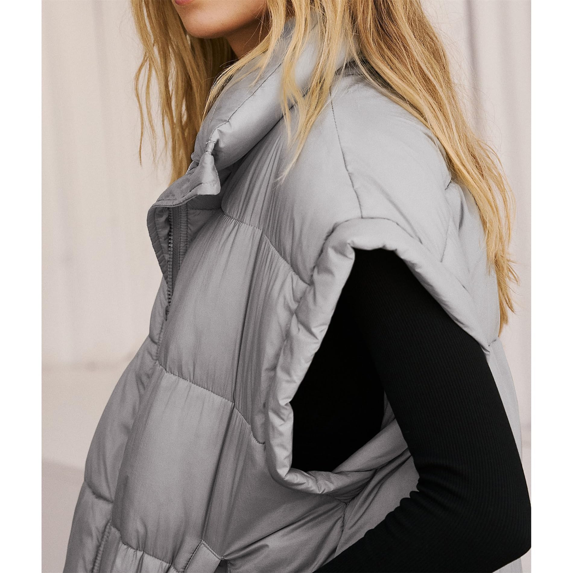 Songling Womens Oversized Puffer Vest Stand Collar Full Zip Sleeveless Bubble Puffer Vest Quilted Padded Warm Coat Outwear: Small Grey