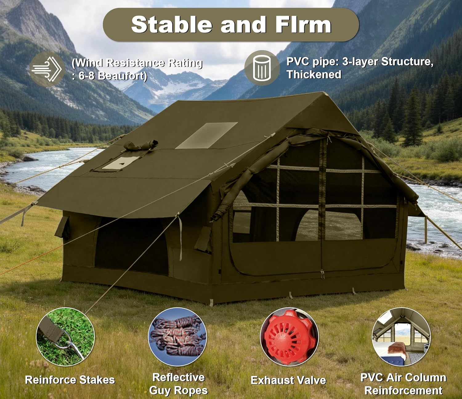 Inflatable Tents for Camping with Stove Jack, 2/4/6/8 Person Easy Setup Blow Up Tents for 4 Seasons Waterproof Inflatable Camping Tent with Awning, Air House Glamping Tents for Camping Adult