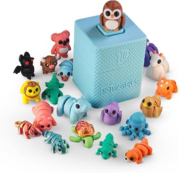 Distractibles Mystery Fidget Sensory Animal Pack, 10 Articulated 3D Printed Animals + Bonus Fidget Clicker & Sensory Clicker Box, Random Colors Blue