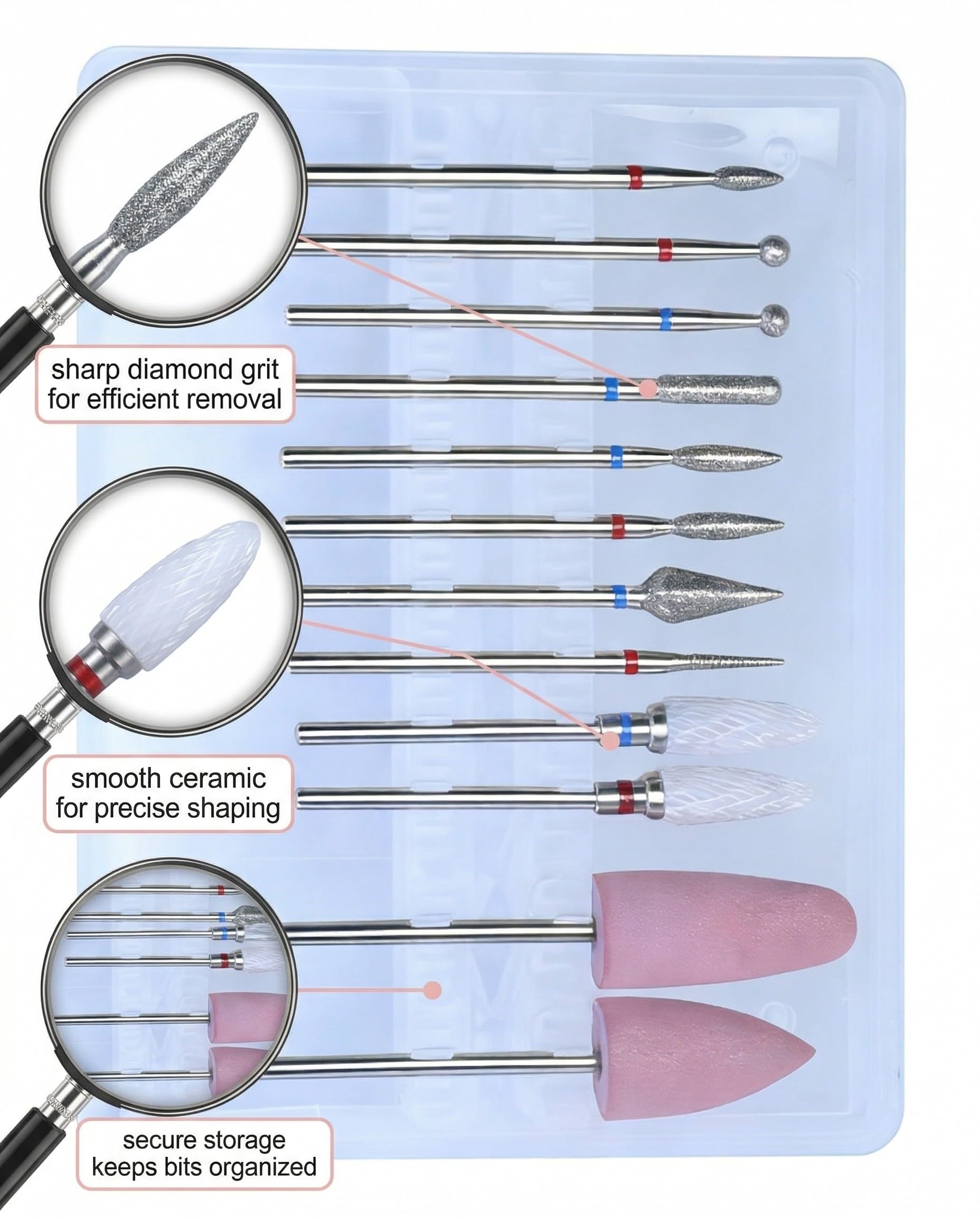 Punte Fresa Unghie 12 Pezzi Professionali, Diamante e Ceramica con Scatola per Rimozione Gel Acrilico Rapida e Manicure Pedicure.