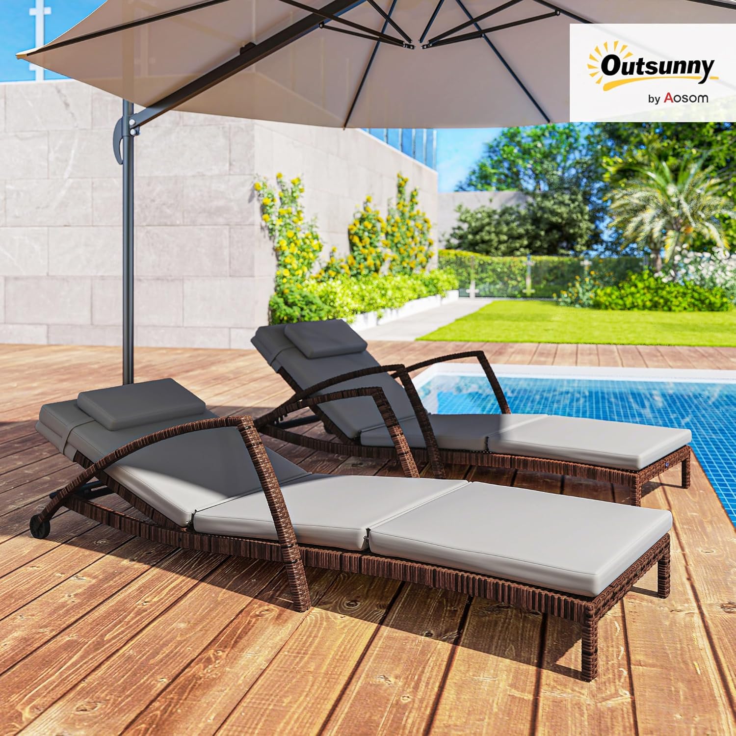 Outsunny Wicker Chaise Lounge Chair Outdoor Set of 2, 5-Position Adjustable Reclining Pool Lounge Chairs with Wheels, Rattan Outdoor Lounger with Cushion, Armrests for Poolside Beach Backyard, Gray