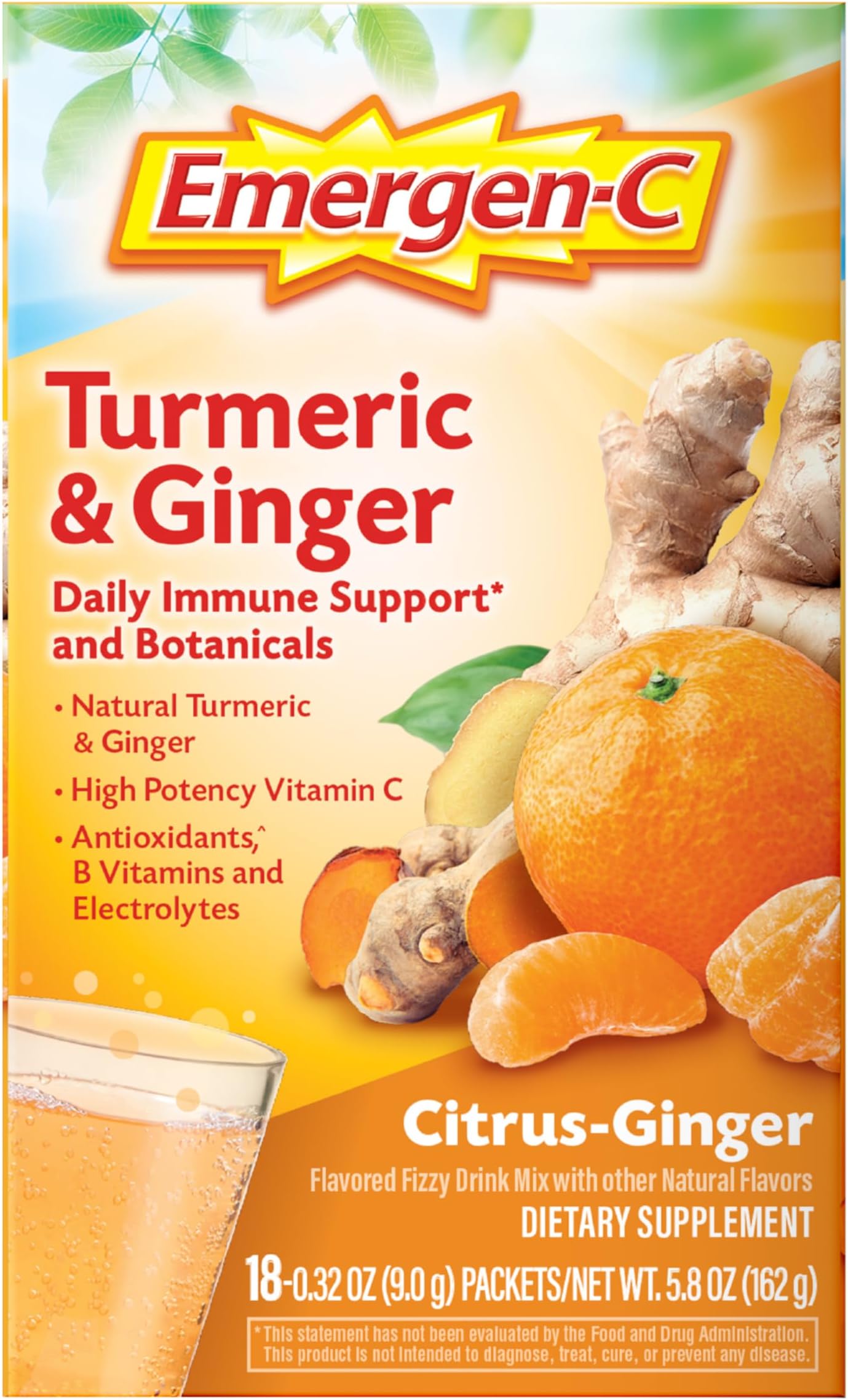 Emergen-C Citrus-Ginger Fizzy Drink Mix, Turmeric and Ginger, Immune Support, Natural Flavors with High Potency Vitamin C, 18 Count