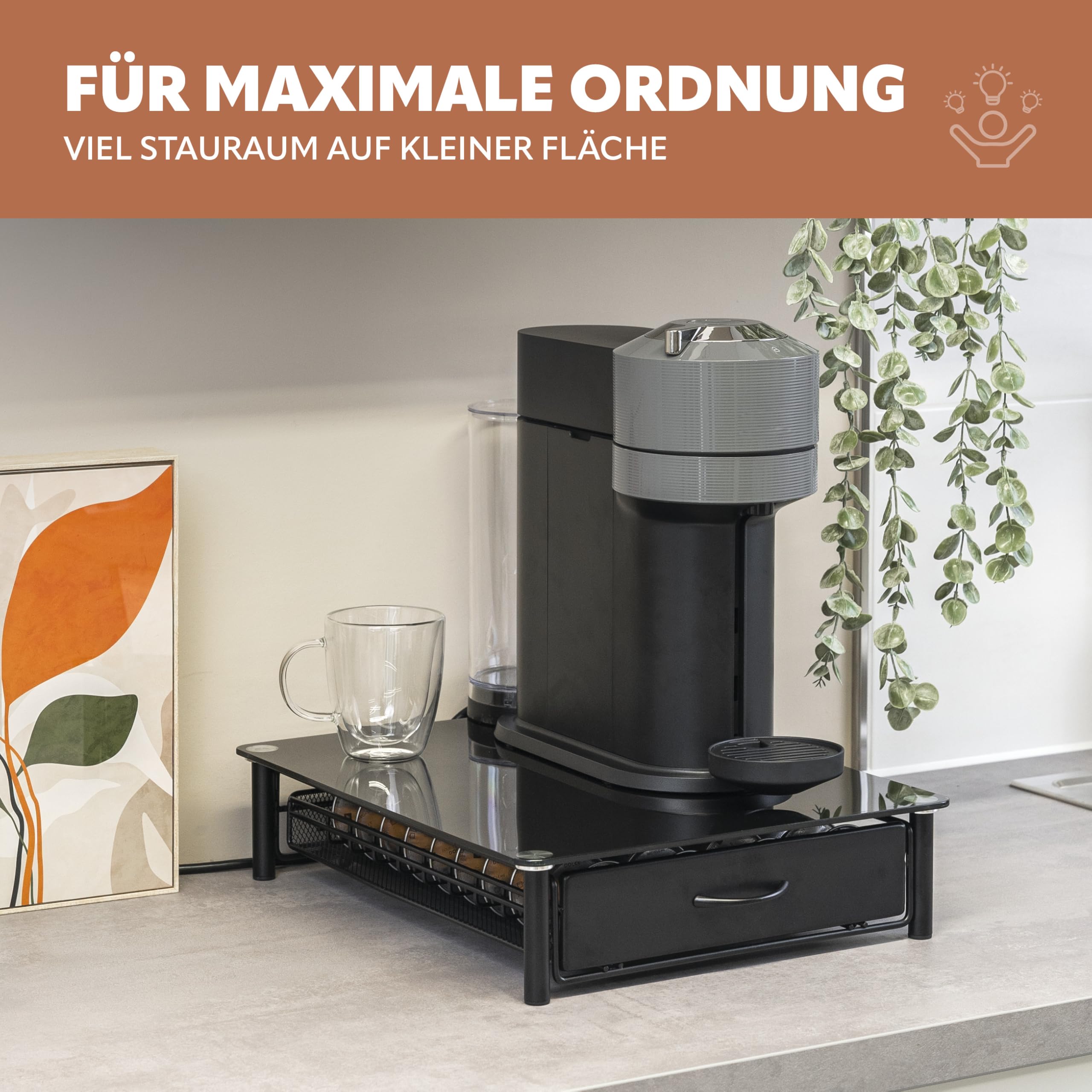 eluno Kapselhalter für 40x Nespresso Vertuo, Schubladenbox, Glas-Maschinenständer Metall und Glasplatte, Kaffeekapselbox, Kapselspender ca. 33,5 x 9 x 41 cm (B/H/T) (schwarz)