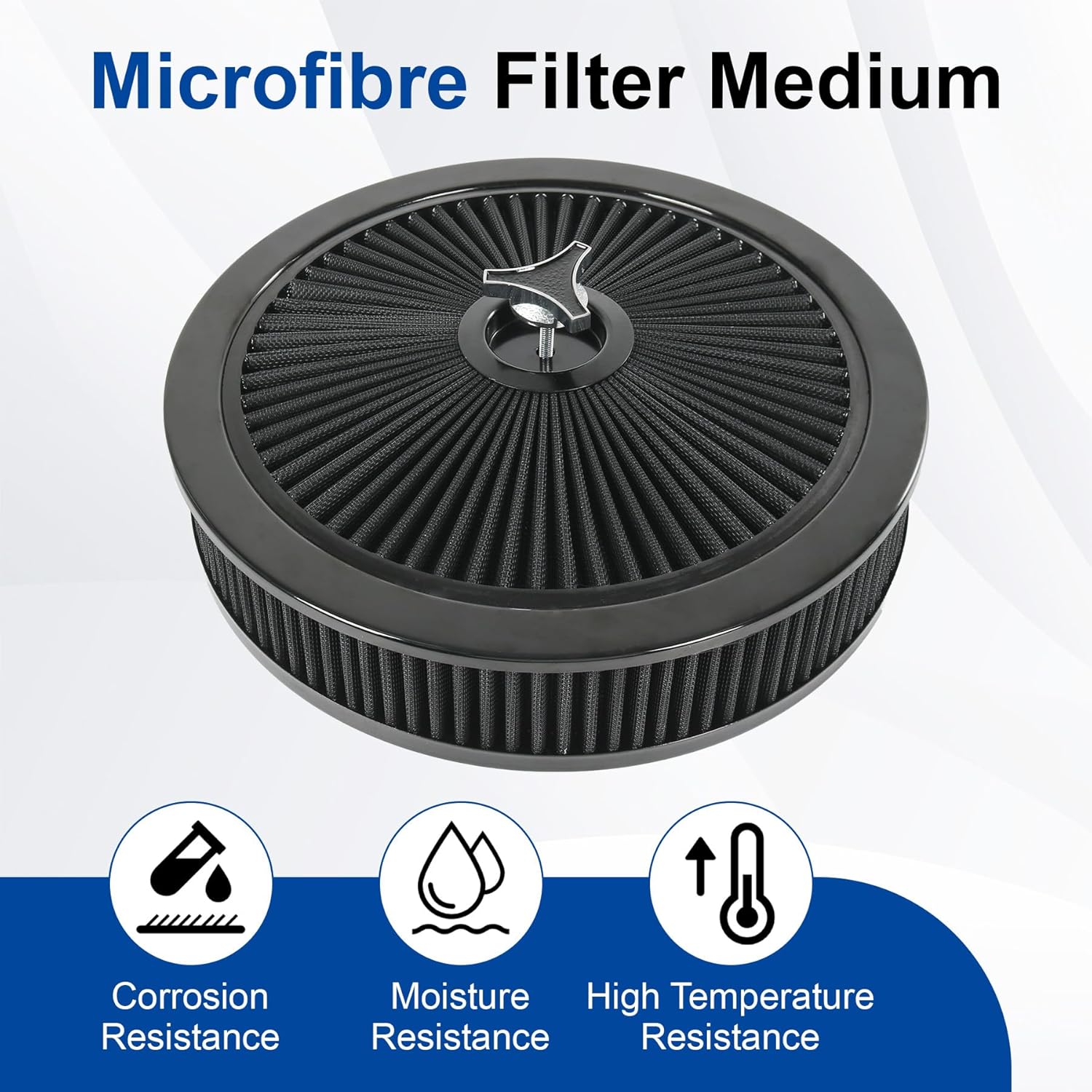 High Flow 14"x3" Round Air Cleaner filter Kit Compatible with GMC Chevy Ford Chrysler Dodge V8 with Flow-Thru Lid Caburetor 5-1/8" Carb Neck Black