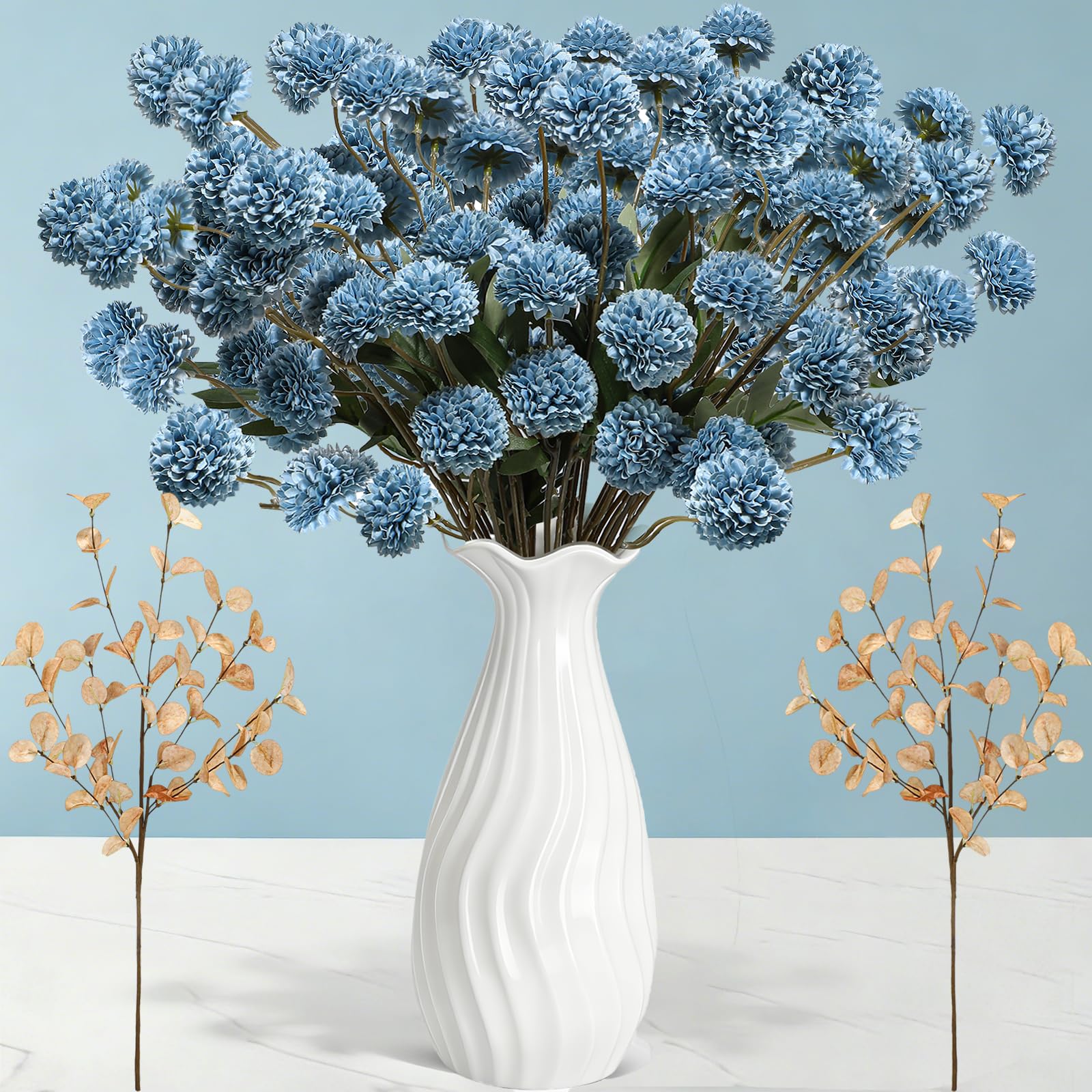 Blue Faux Silk Pompon Mums Artificial Flowers - 12 Pcs Fake Kiku Flowers Bulk with Eucalyptus Leaves, Long Stems Chrysanthemums Ball Flower for DIY Centerpiece Party Spring Home Decor