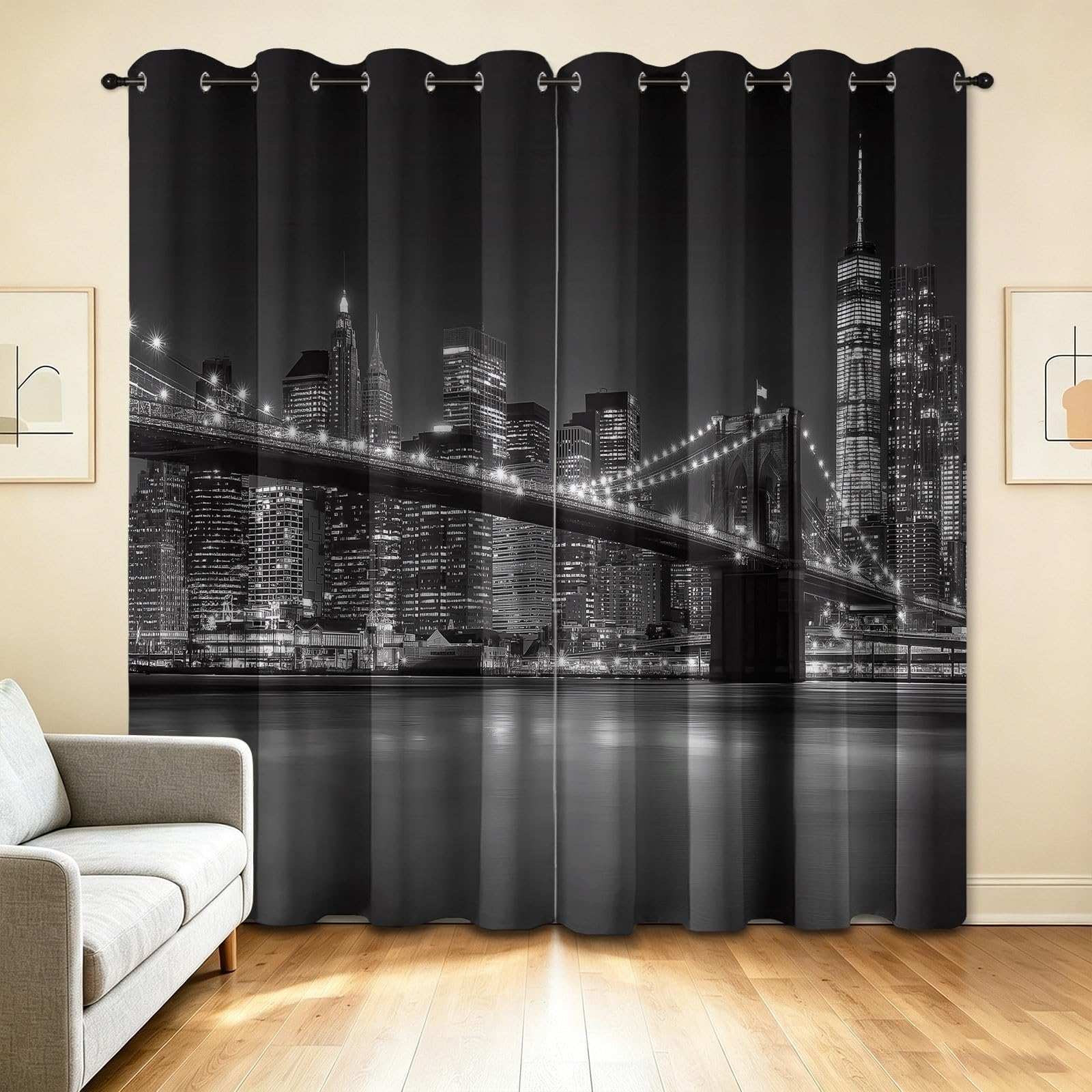 Zasłony zaciemniające New York Night Most Miasto Skyline, 117 l x 230 H, dekoracja okienna do salonu, sypialni, izolacja termiczna, 2 panele