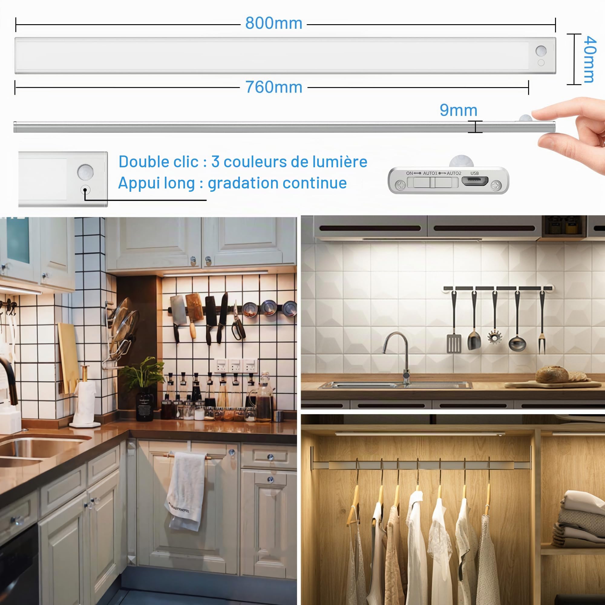 Led Lampe Dimmable de Placard 80cm, Applique Murale sans Fil avec Détecteur de Mouvement Interieur, Réglette Led Rechargeable sous Meuble Cuisine à 3 Modes d'Eclairage