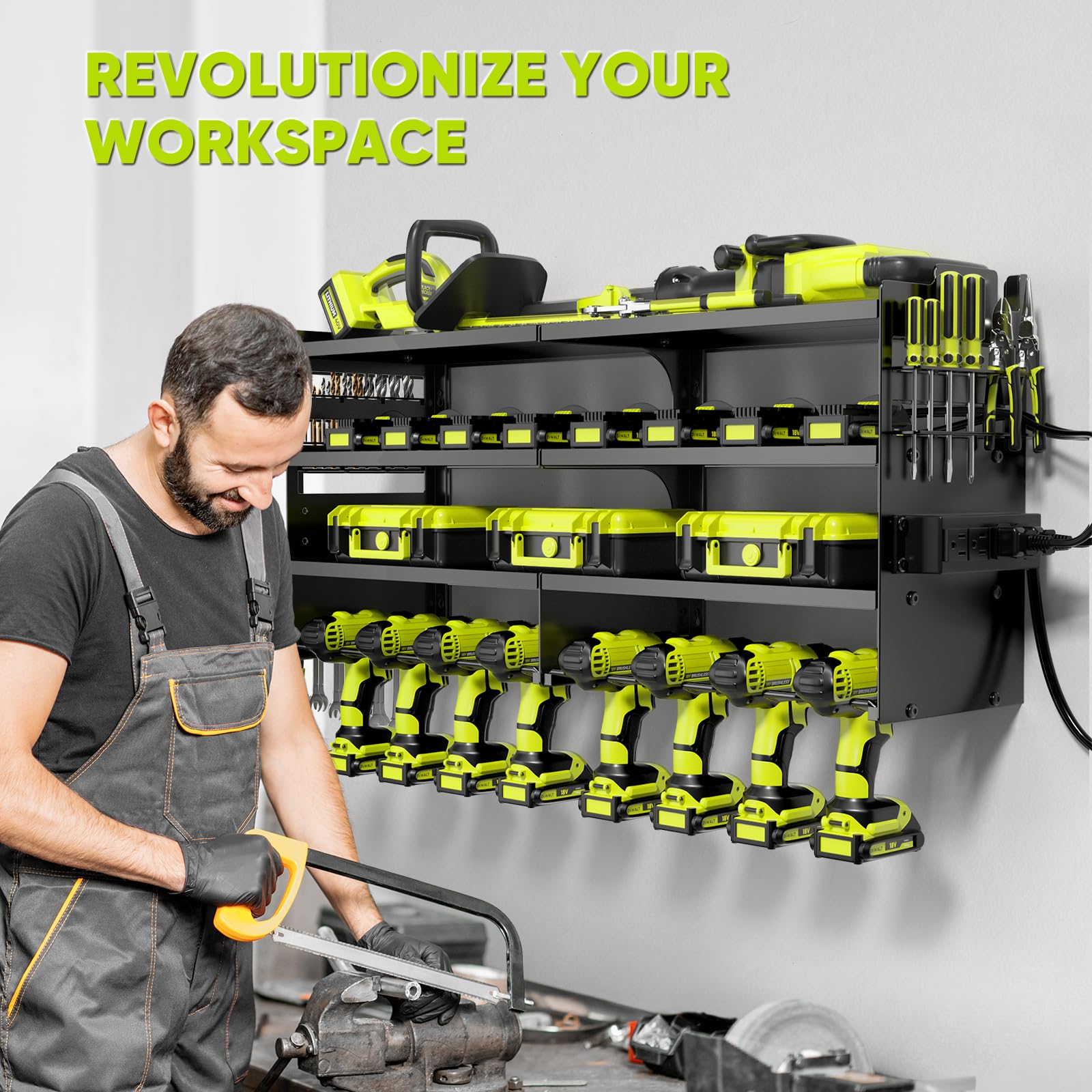 POKIPO Grande organizer per utensili elettrici da parete con stazione di ricarica, 4 ripiani in metallo resistente, carico 272,2 kg con 8 supporti per trapano senza fili, carica batteria con 4