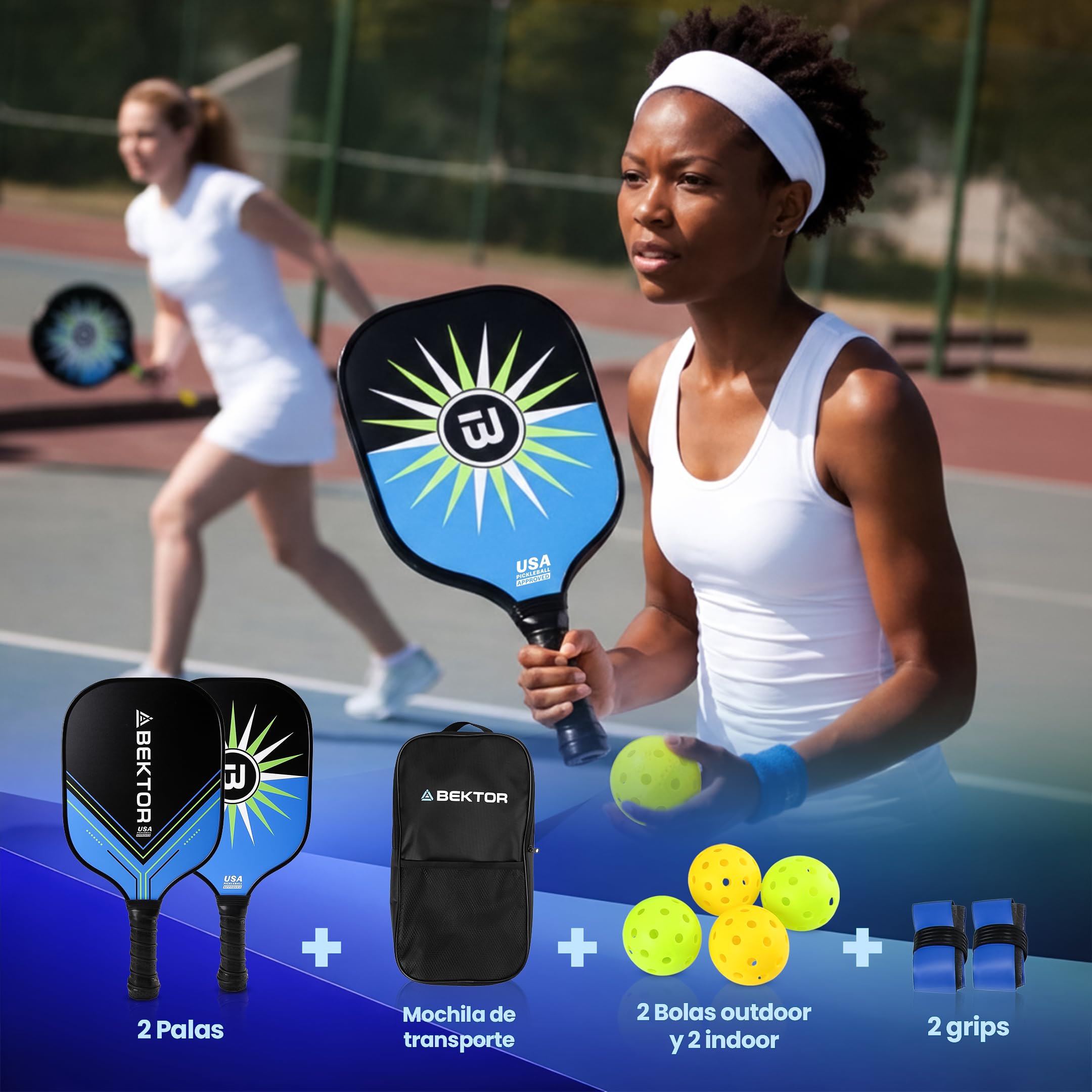 Set Pickleball Completo con Palas de Fibra de Vidrio – 2 Palas, 4 Pelotas, Bolsa de Transporte y Overgrips – Kit Pickleball para Todos los Niveles