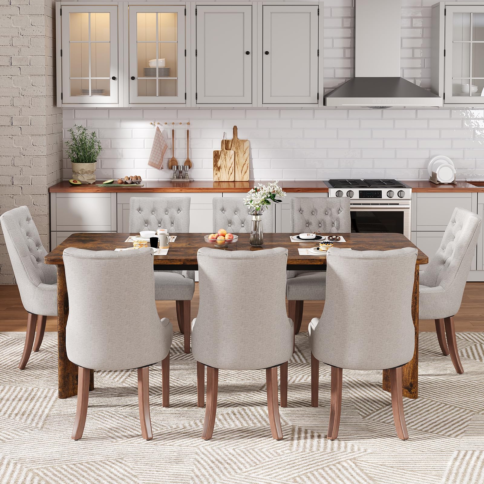 MALOL 9-Piece Rectangular Dining Table Set for 8, 63" Industrial Kitchen Table with 8 Tufted Parsons Dinner Chairs for Dining Room, Kitchen, Living Room, Brown+Light Grey
