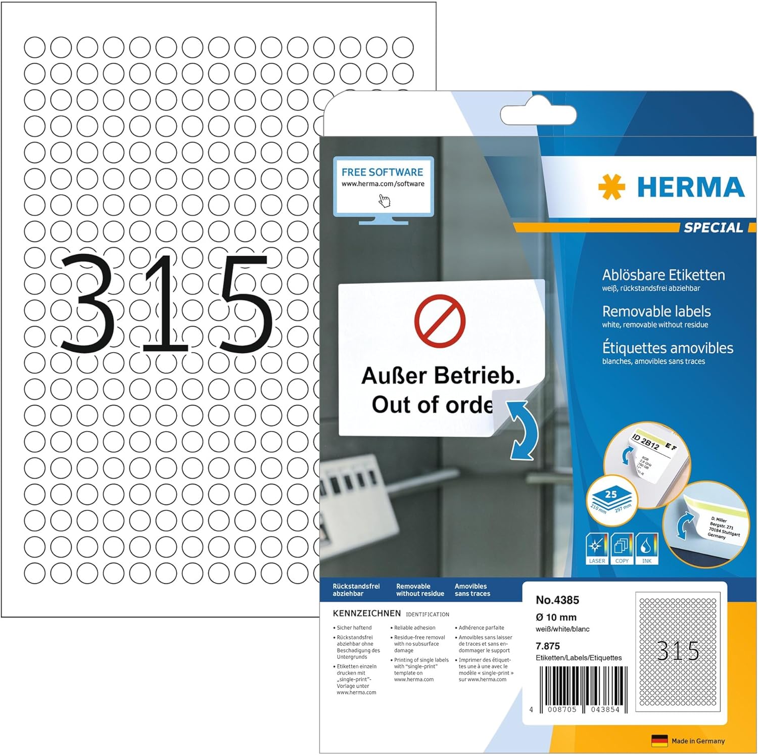 HERMA Self Adhesive Removable Multi-Purpose Labels, 315 Labels Per A4 Sheet, 7875 Labels for Printers, Round, Ø 10 mm (4385), White