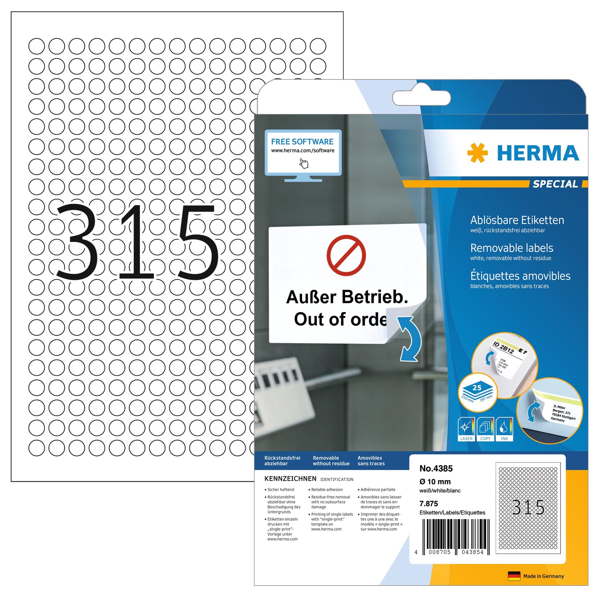 HERMA Self Adhesive Removable Round Labels, 315 Labels per A4 Sheet, 25 Sheets, Ø 10 mm, 7875 Labels, Blank Multipurpose Labels Stickers, Sticky Dots for Laser & Inkjet Printer, White