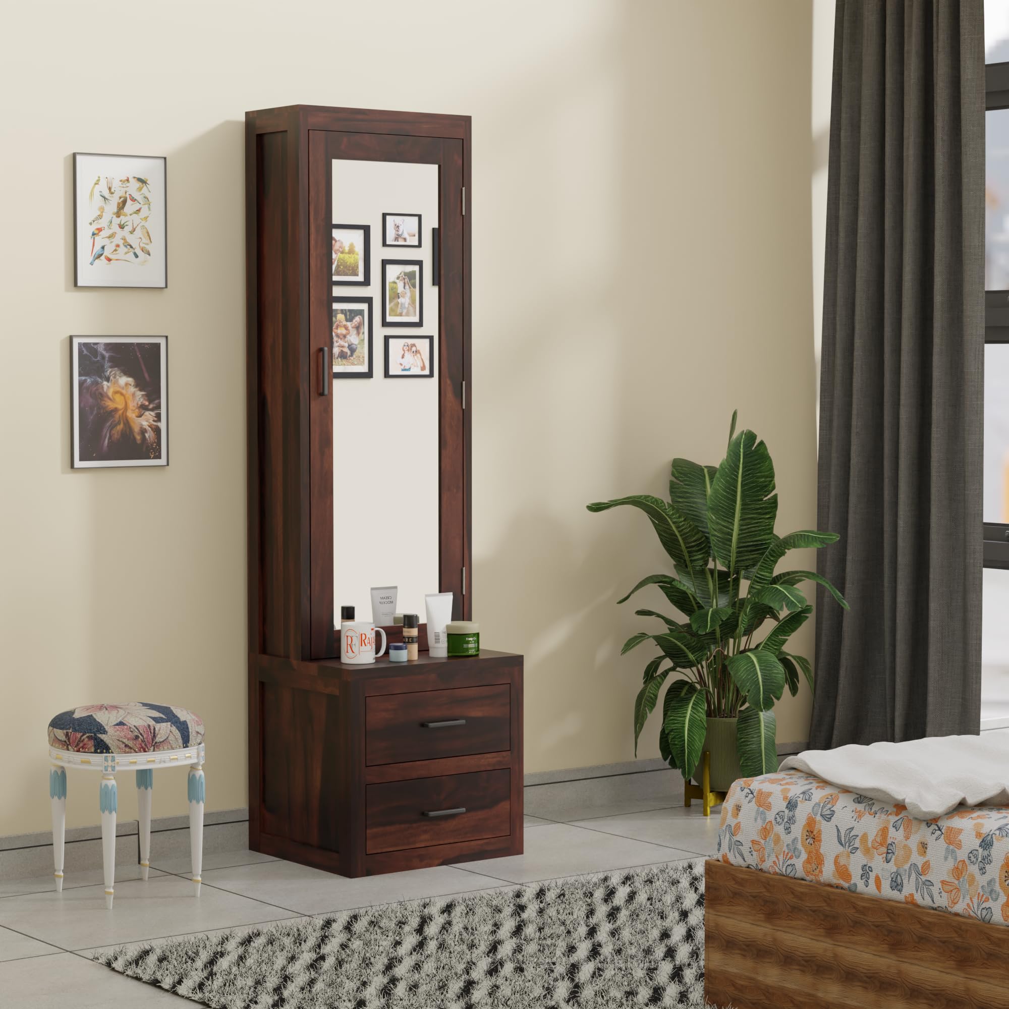 Solid Wood Dressing Table with Full-Length Mirror & Hidden Storage Cabinet | 2 Drawer Wooden Vanity Unit for Bedroom | Floor Mounted Dressing Organizer | Walnut Finish | 177 x 58 x 35 cm-image-7