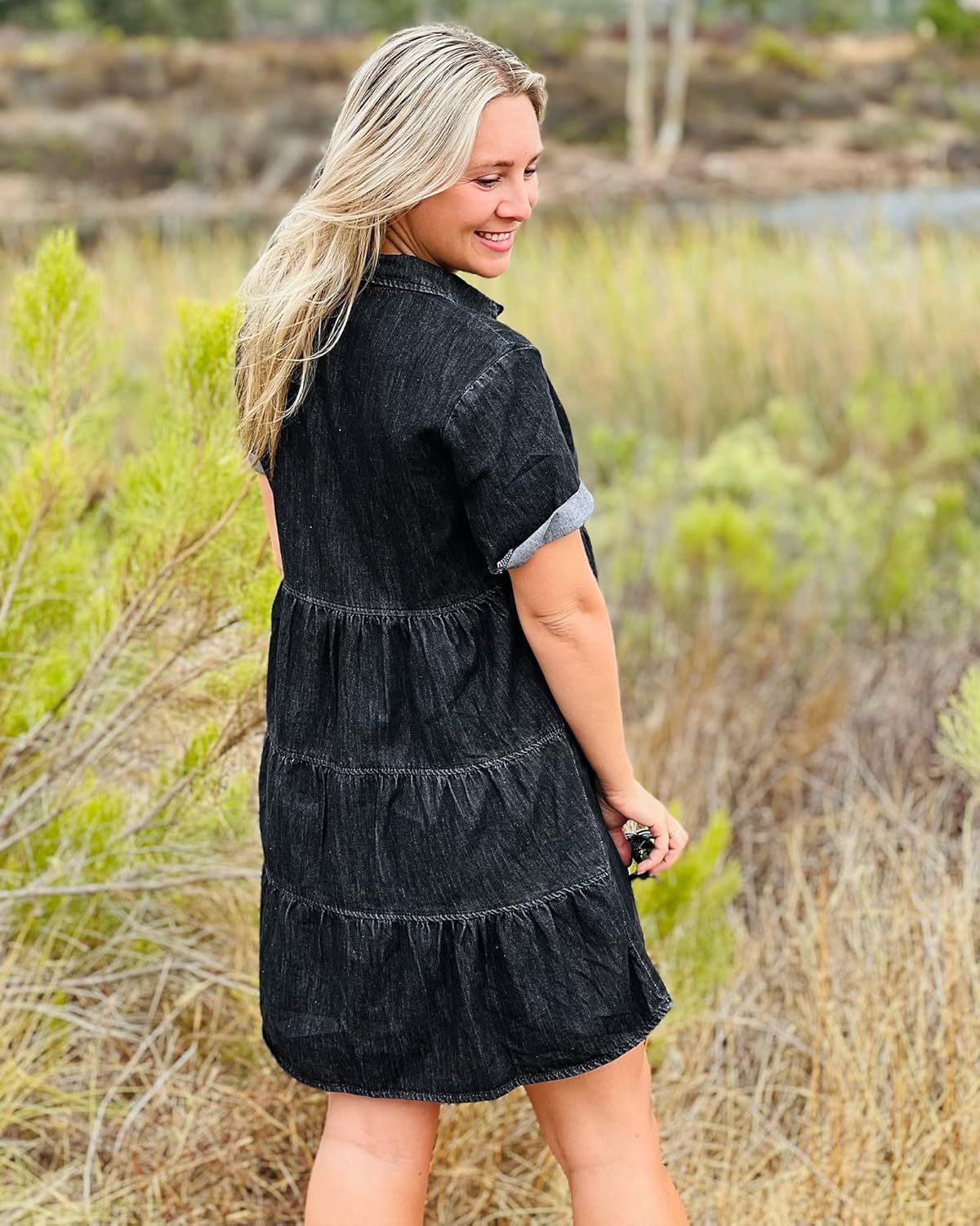 GRAPENT Denim Dress for Women Babydoll Tiered Short Sleeve Button Down Jean Shirt Dresses - Image 4